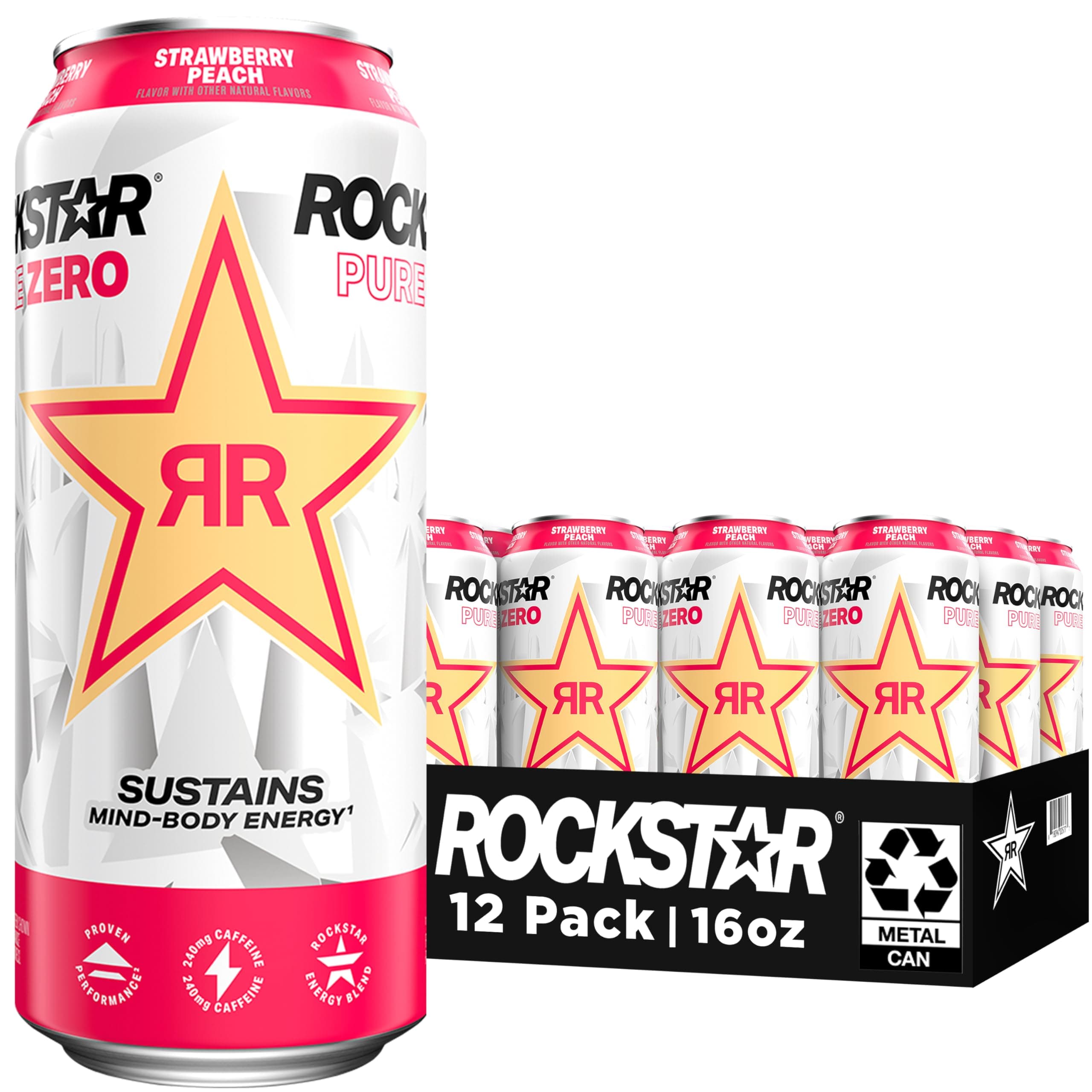 Rockstar Pure Zero Energy Drink, Strawberry Peach, 0 Sugar, with Caffeine and Taurine, 16oz Cans (12 Pack)