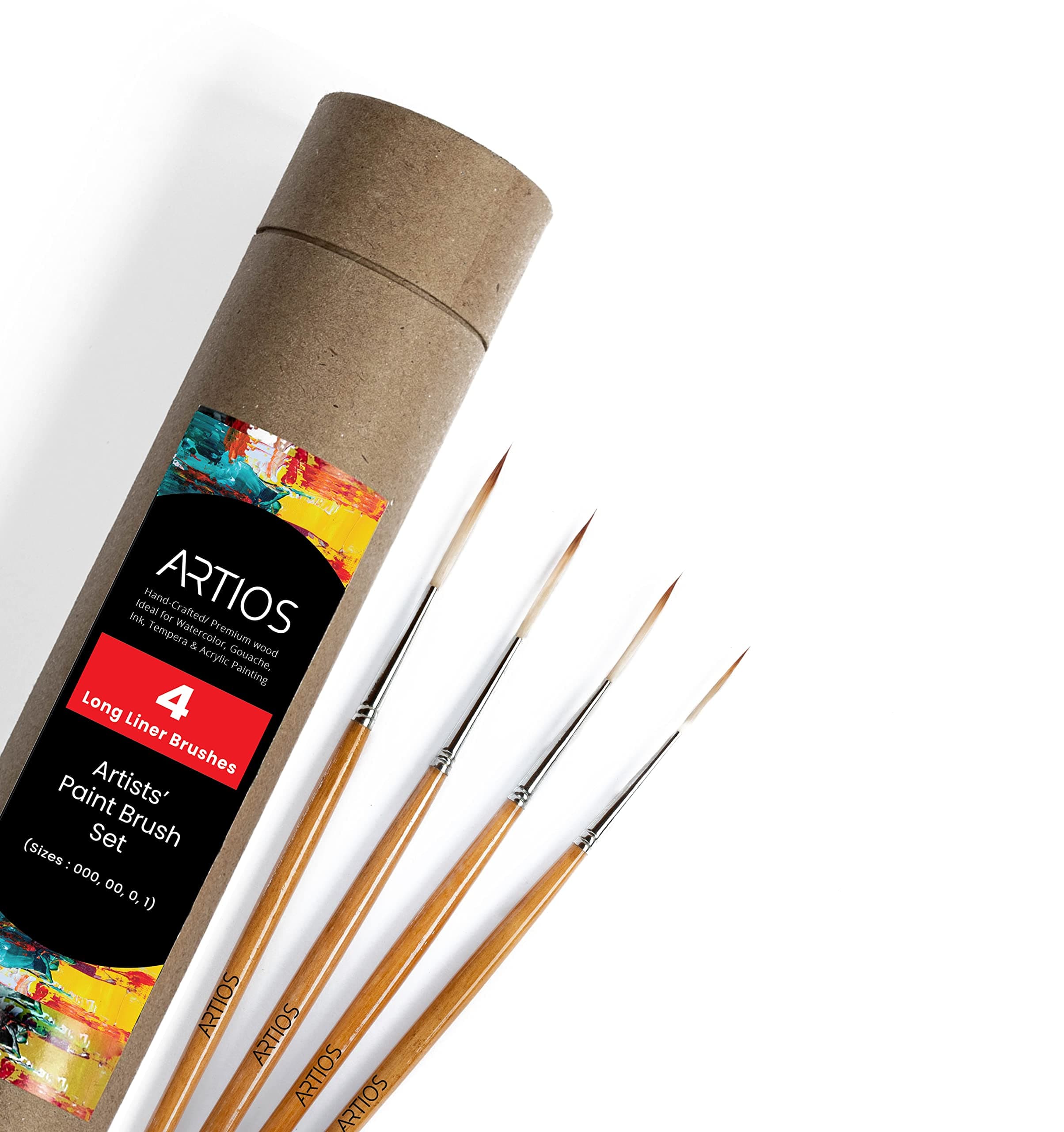ARTIOS Fine Detailing Brush Set for Painting - Long Liner Rigger Set of 4 With Holder for Acrylic, Oil, Watercolor & Gouache - Handmade Cruelty-Free Wood Paint Brushes