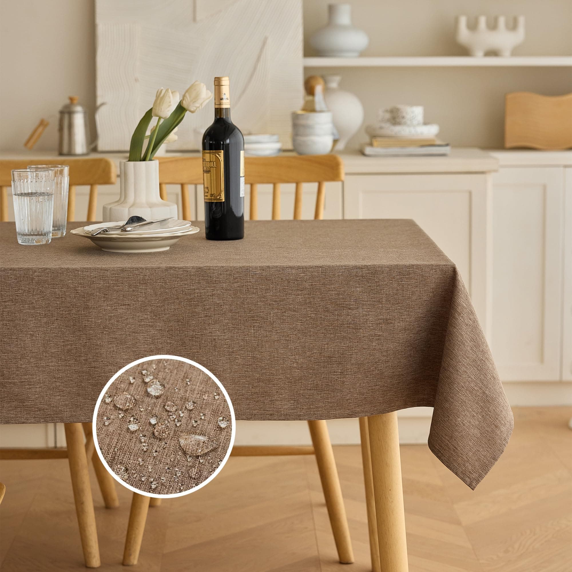 Waterproof Farmhouse Table Cloth for Party Wedding Table, Solid Linen Woven Fall Spill-Proof Tablecloth for Dining Room, Farmhouse, Restaurant (Oblong, 60 x 120 Inch (10-12 Seats), Coffee)