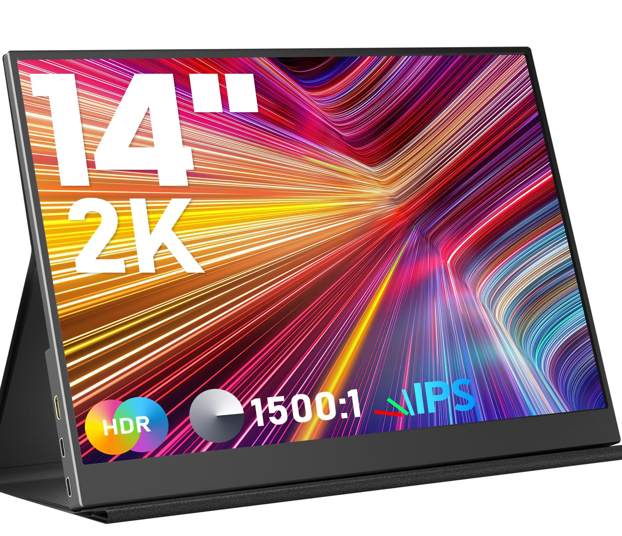 Portable Monitor 14inch 2K Laptop Monitor USB C HDMI Gaming Ultra-Slim IPS Display Smart Cover & Speakers, 2160 * 1440P Screen for Laptop, HDR External Monitor for Laptop PC Phone Mac Xbox