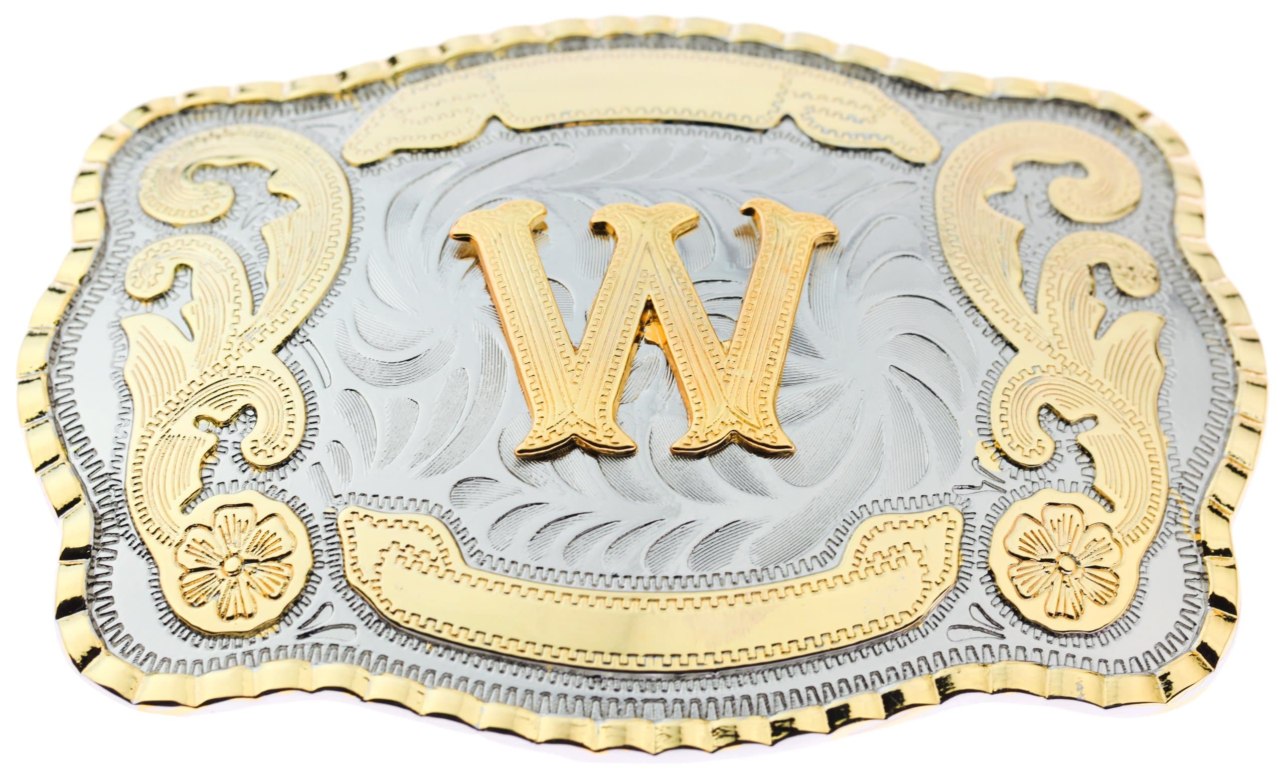 Initial Letters Western Style Cowboy Rodeo Gold Large Belt Buckles (Large Square, W LETTER)