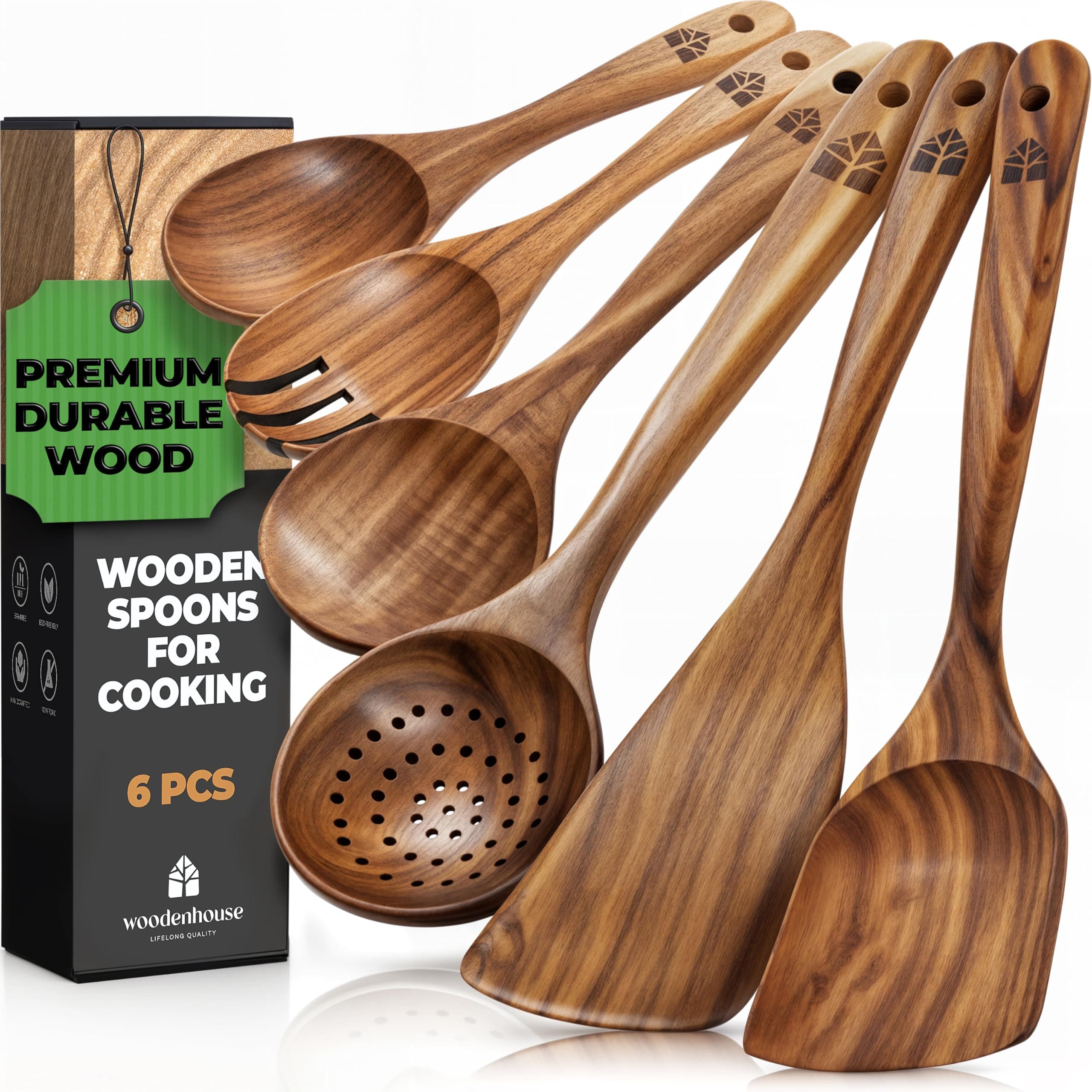 Wooden Spoons for Cooking - Teak Wooden Utensils for Cooking - Heat Resistant Wooden Spoon Sets for Cooking - Comfortable Grip Non-Stick Wooden Cooking Utensils - 6 Pcs Wood Utensil Sets