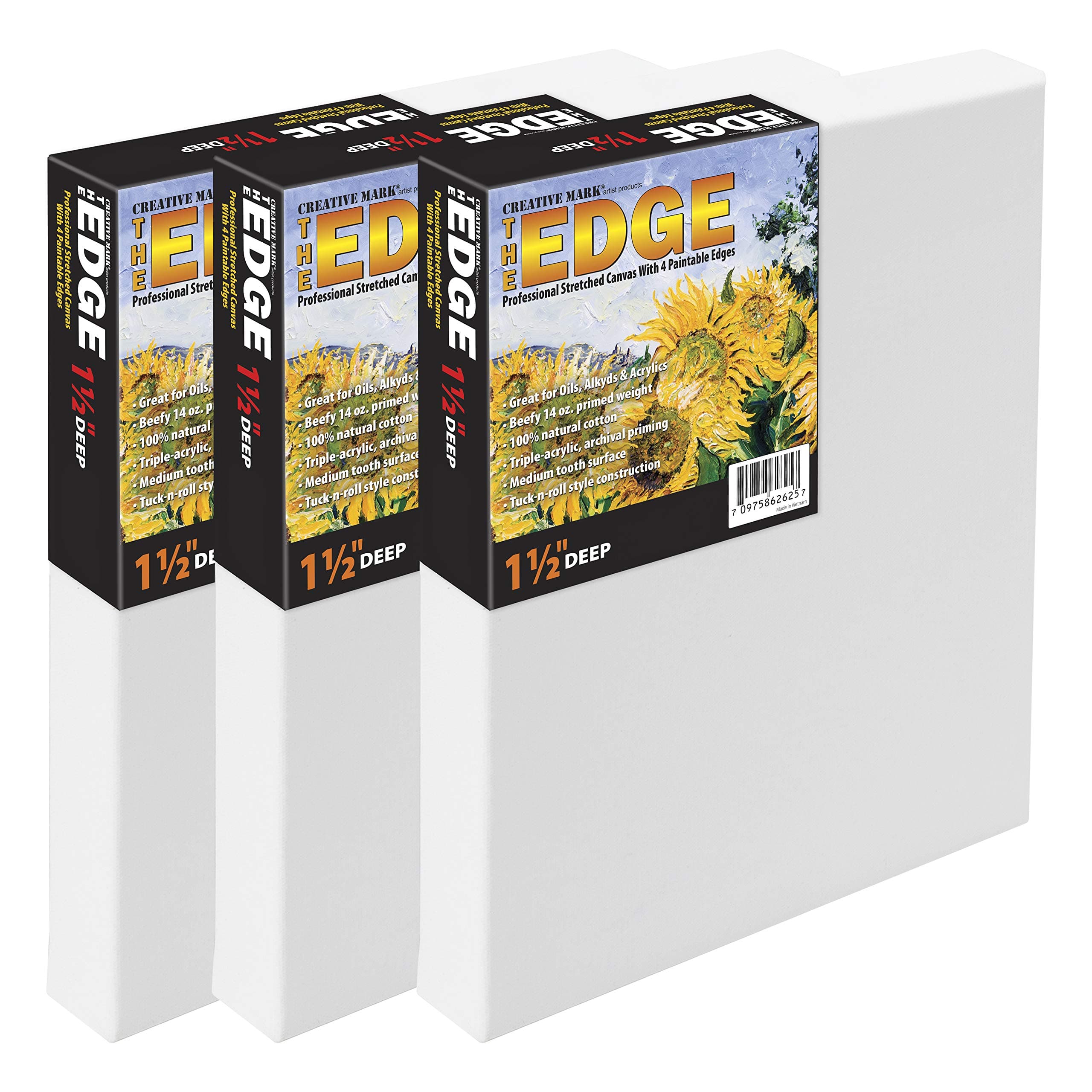 Creative Mark The Edge Deluxe Cotton 1-1/2" Deep Stretched Canvas for Painting, 12x12 Pack of 3, 14oz. Primed Weight, Universal Archival Priming, Medium Tooth, Hand-Stretched Canvas for Painters