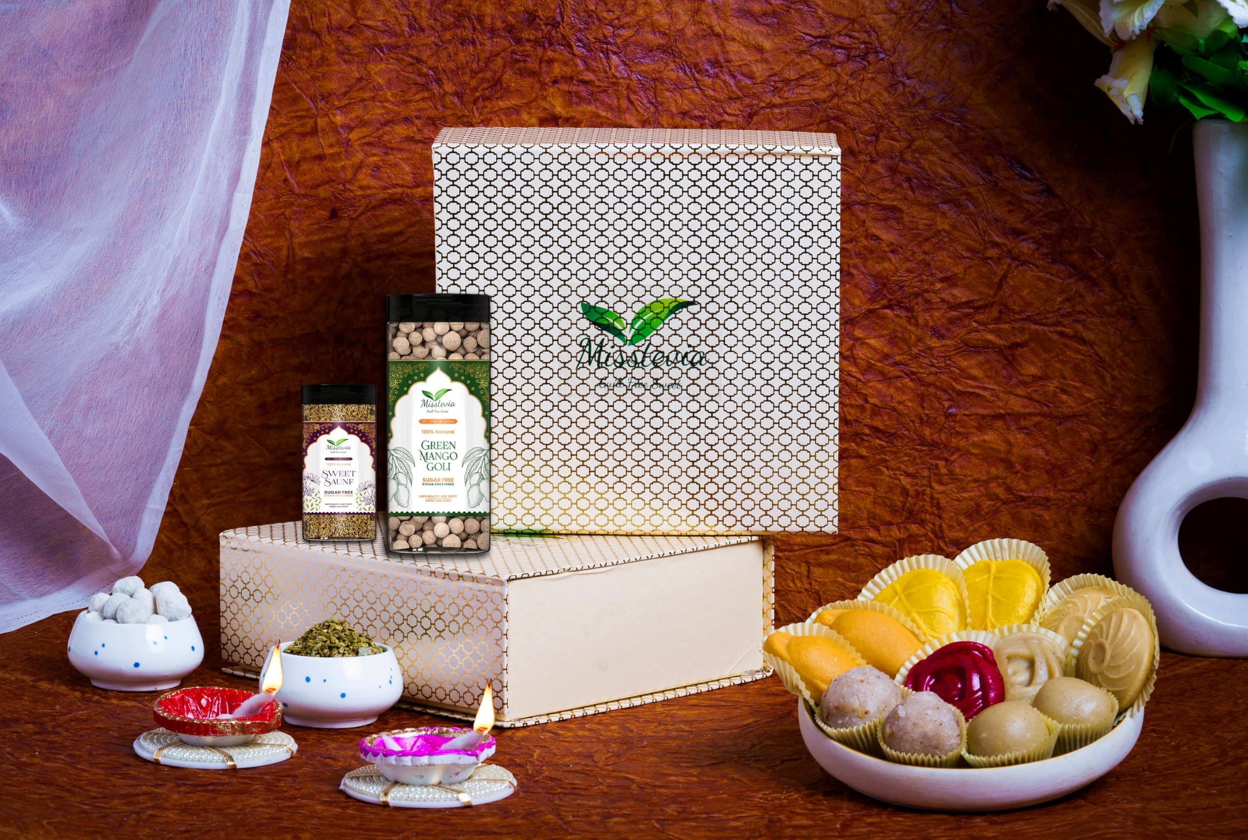 Misstevia Sugar Free Sweets Gift Box 410g| Sugar Free Mithai and Premium Mukhwas Combo Festive Gift pack | Stevia Sweetened | Badam and Kesar Malai Peda | Dryfruit Laddu | Mango Malai Sandesh | Dryfruit Coconut Laddu | Rose Kaju | Green Mango Goli and Pan Sutra|Tealight Candle and Holder| Dussera Diwali Gift Hamper
