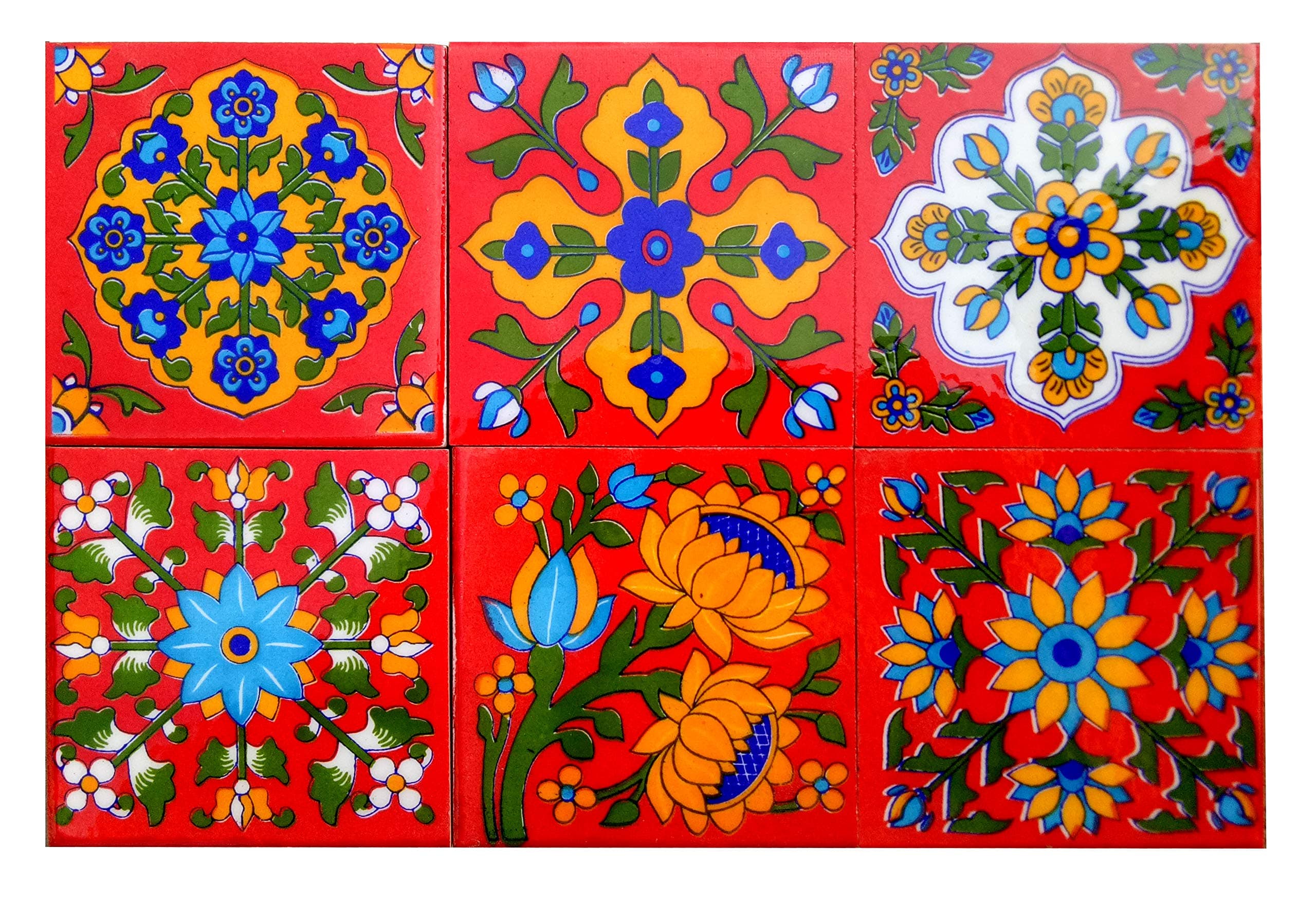 Shiv Kripa Blue Pottery Home Decor Tiles - Backsplash Ceramic Wall Mural Panel Mosaic 4 x 4 Inch Pack of 6 Tiles (Red & Multi)
