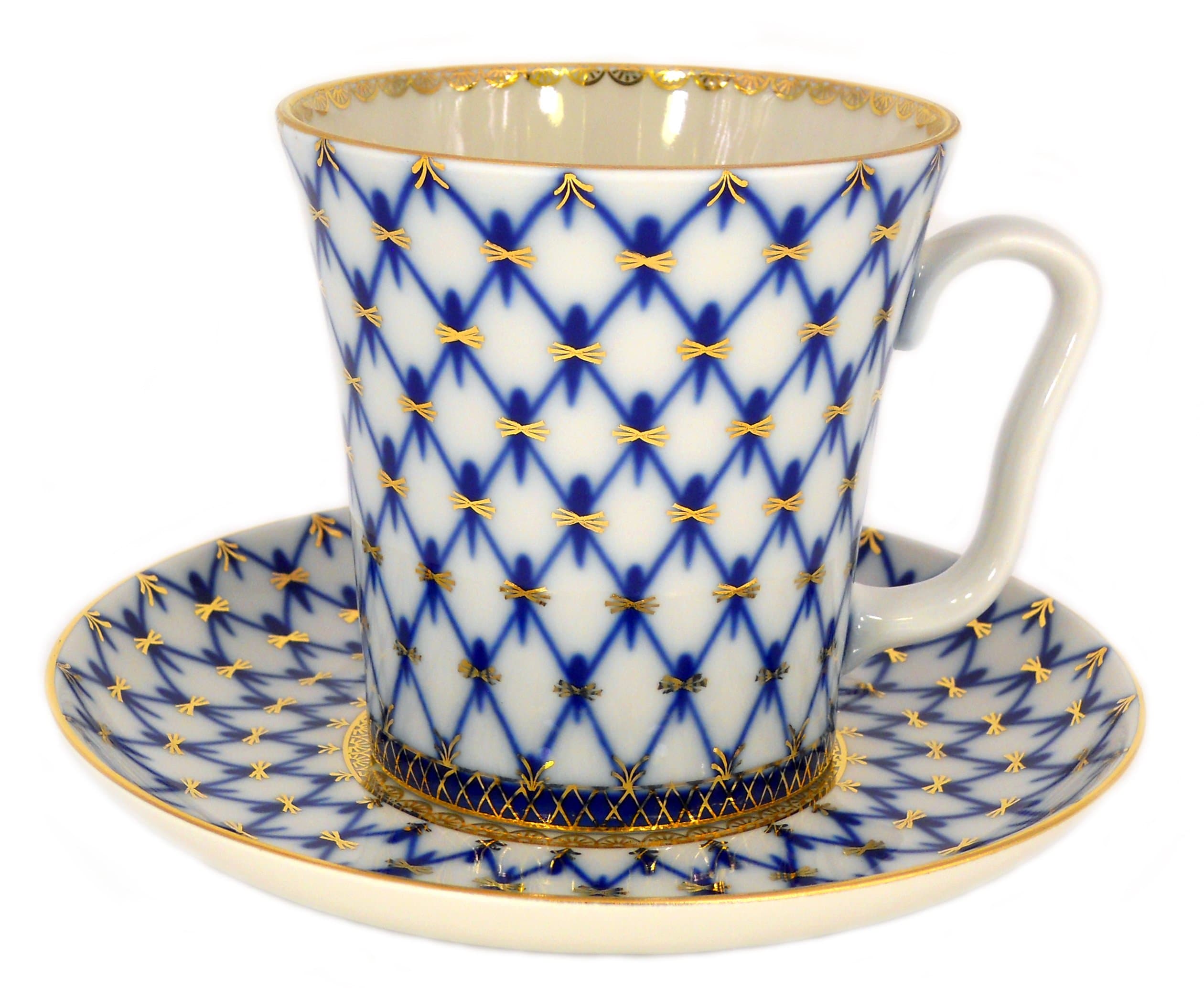 Lomonosov Porcelain Set 22 Karat Gold Cobalt Net Mug and Saucer 2pc