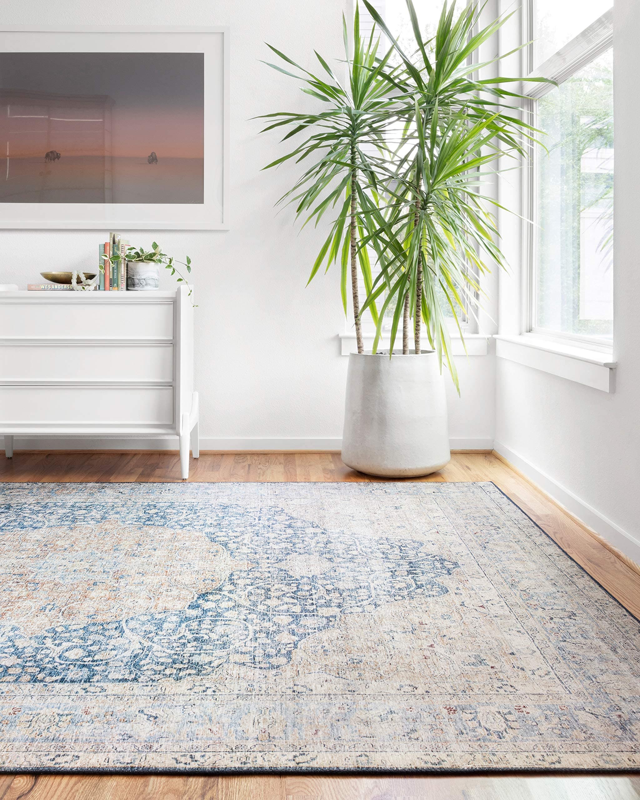 Layla Collection LAY-07 Blue/Tangerine 9'-0" x 12'-0" .13" Thick Area Rug, Soft, Durable, Vintage Inspired, Distressed, Low Pile, Non-Shedding, Easy Clean, Printed, Living Room Rug