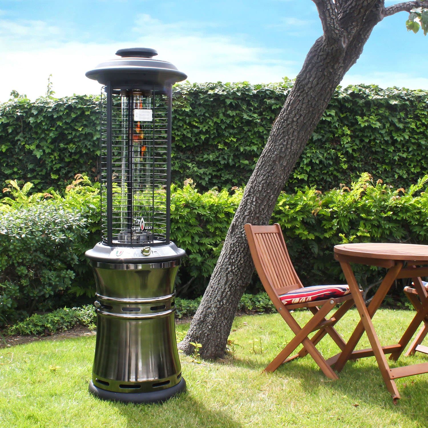 51,000 BTU Outdoor Patio Propane Heater with Exclusive Spiral Flame In a Borosilicate Glass Tube, Safety "Tip-Over" Switch & Easy Start Electric Ignition, Built-In Wheel Kit Included, Gun Metal Finish