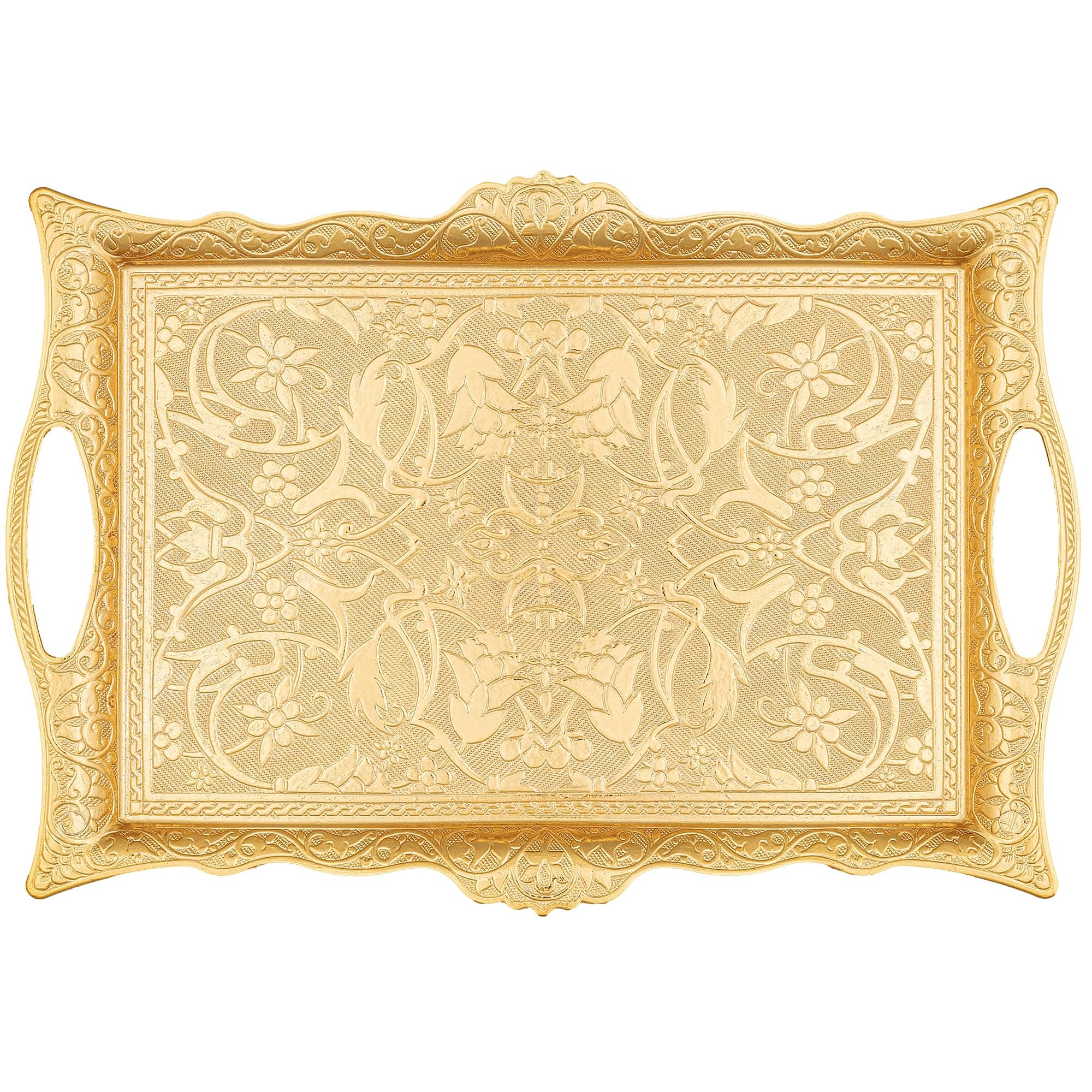 Alisveristime Ottoman Turkish Zamak Serving Tray with Traditional Motifs, Ideal for Coffee and Tea - Six Person Tray (14.5 x 9.85 in) (Gold)