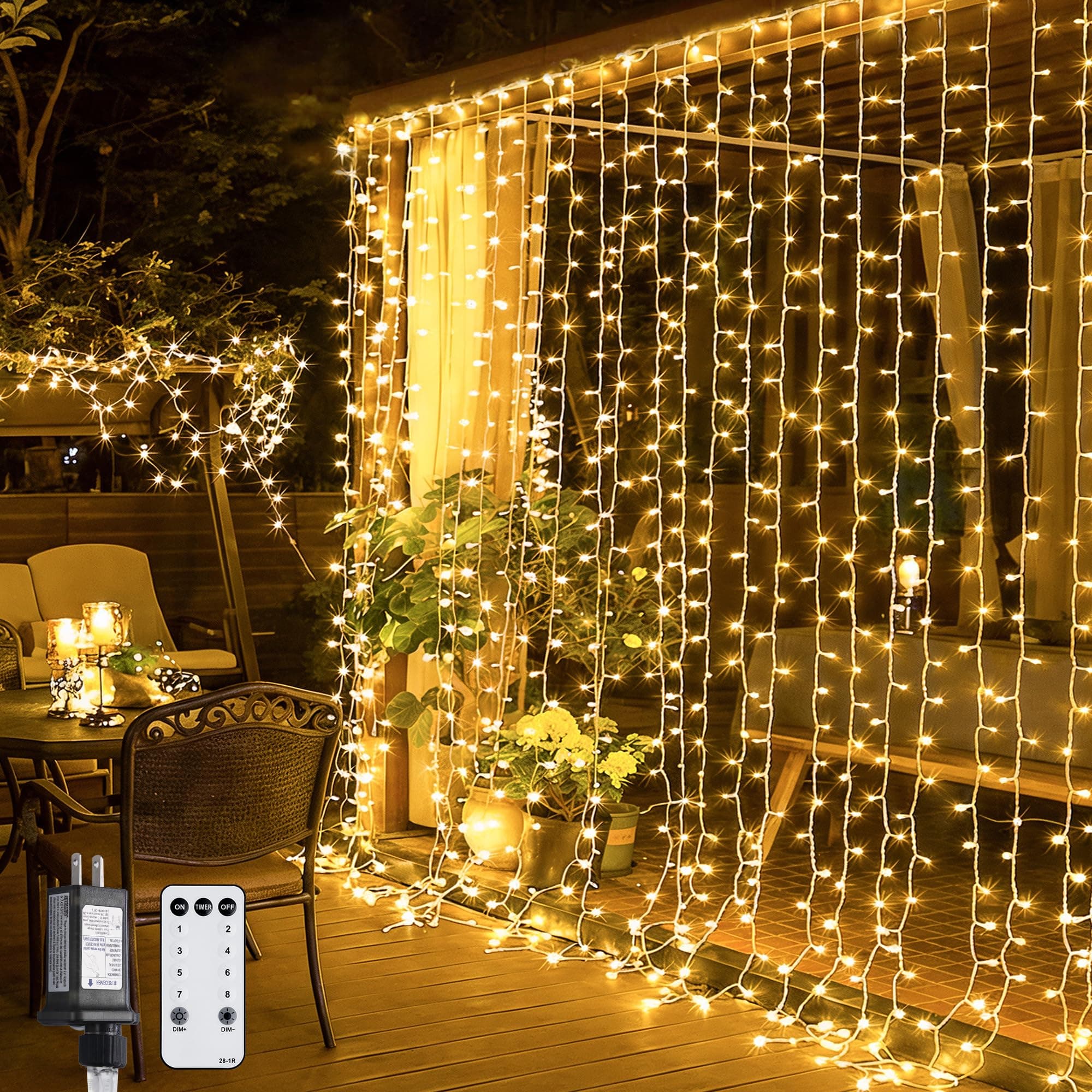JMEXSUSS 300 LED Remote Control Curtain Lights, Plug in Fairy Curtain Lights Outdoor, Window Wall Hanging String Lights for Bedroom Indoor Dorm Backdrop Wedding Party Patio Christmas Decor, Warm White
