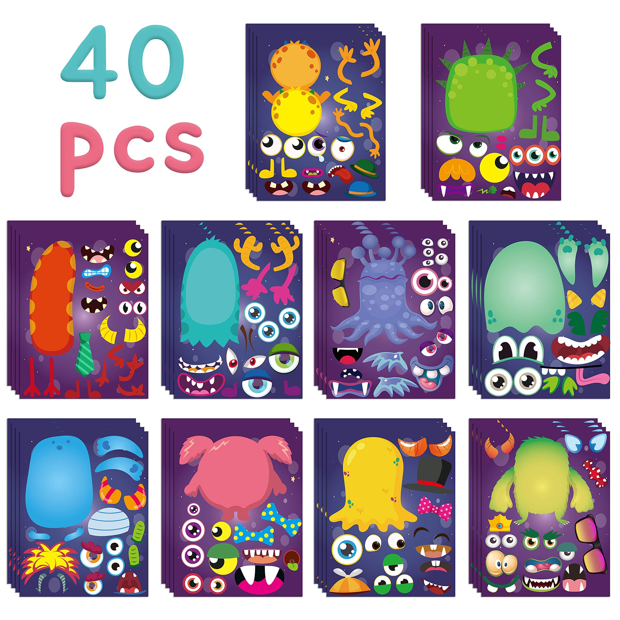 MALLMALL6 40Pcs Halloween Monsters Make a Face Stickers Sheets for kids Make Your Own Little Monster Party Favors Supplies Art Crafts DIY Creative Project Birthday Baby Shower Decor for Kids