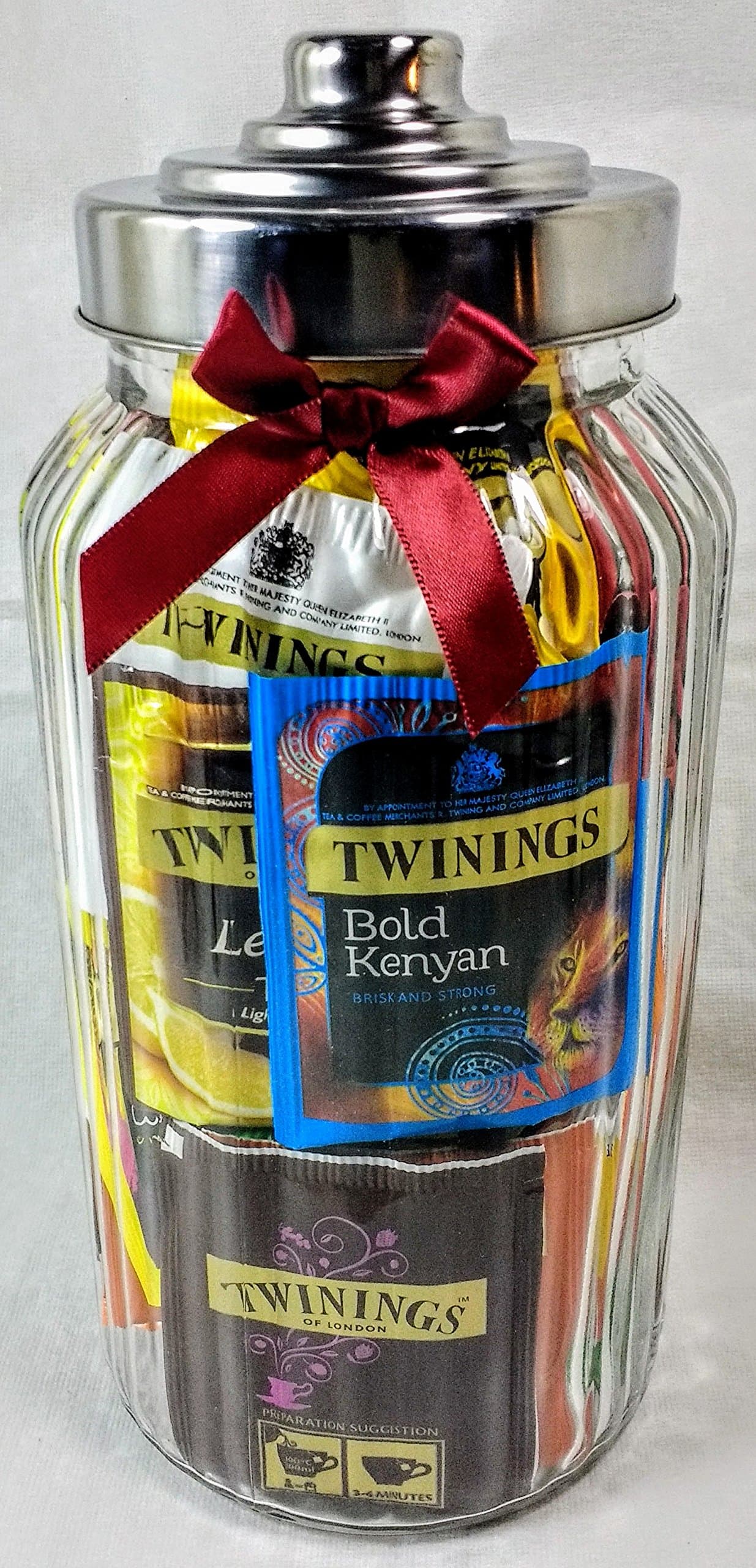 Twinings Vintage Style Large Ribbed Glass Jar Filled with 50 Twinings Assorted Teabags Gift Bag