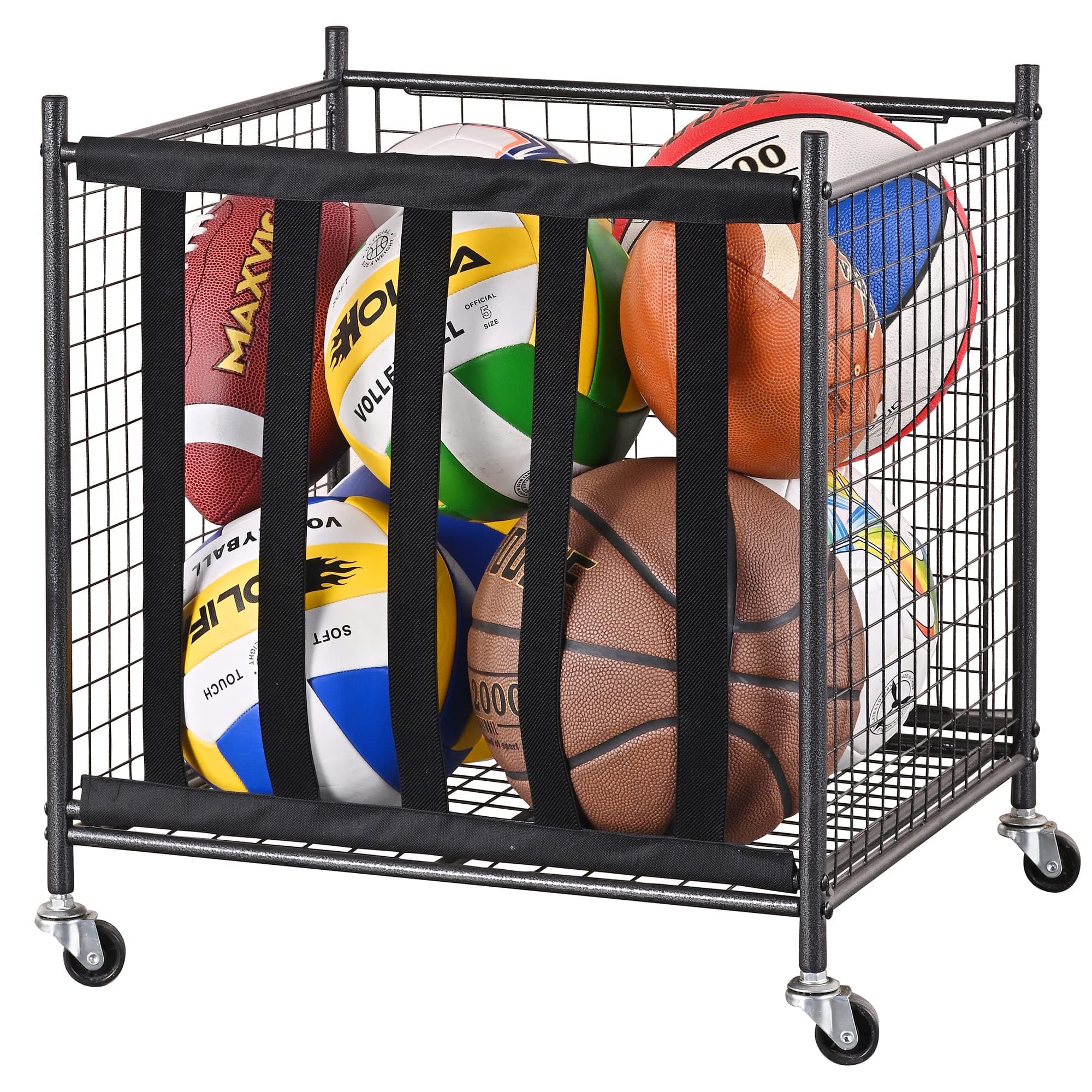 Mythinglogic Rolling Sports Ball Storage Cart, Sports Lockable Ball Storage Locker with Elastic Straps, Stackable Ball Cage for Garage Storage Garage Organizer