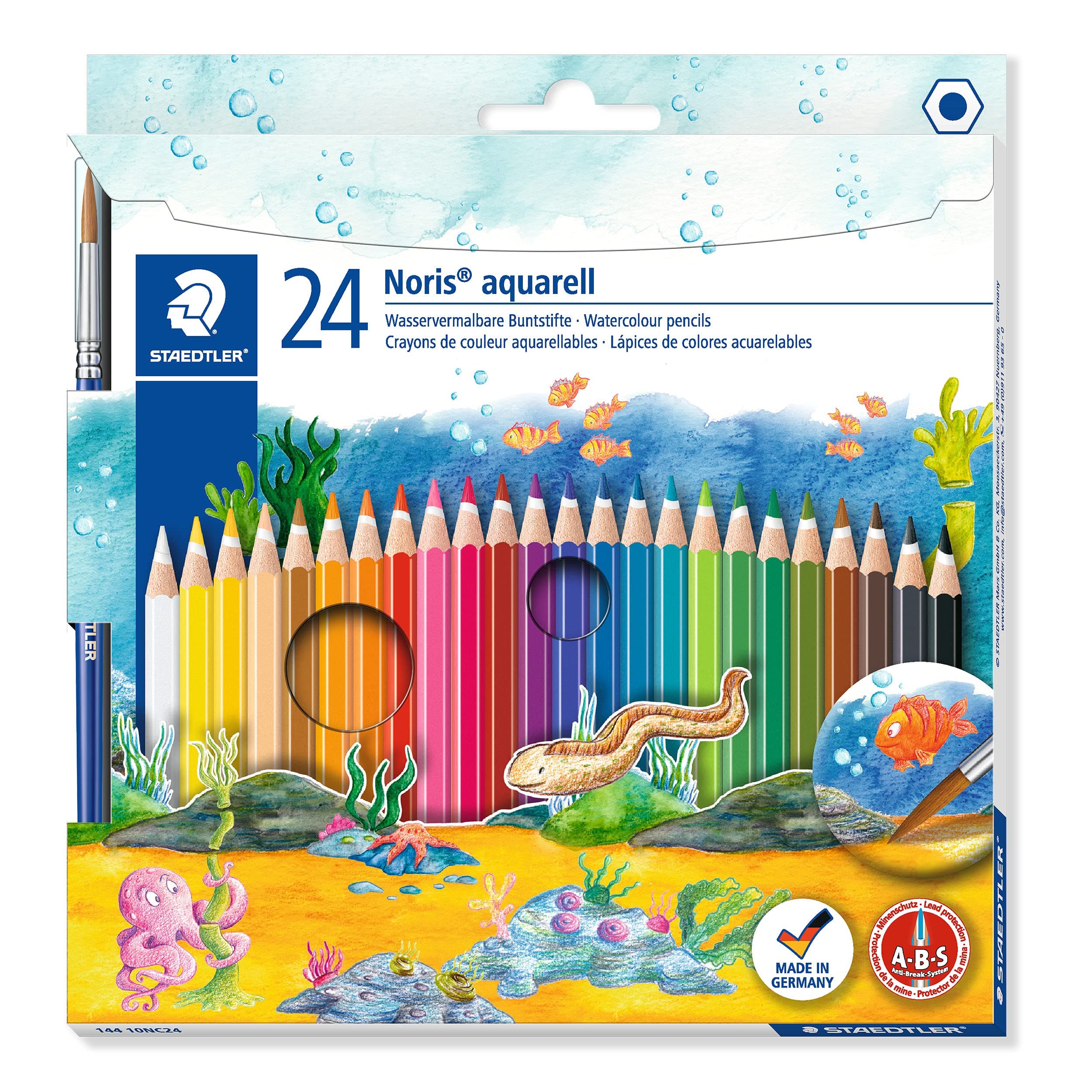 STAEDTLER 144 10NC24 Noris Club Aquarell Watercolour Pencils Plus Paint Brush, Assorted Colours, Pack of 24