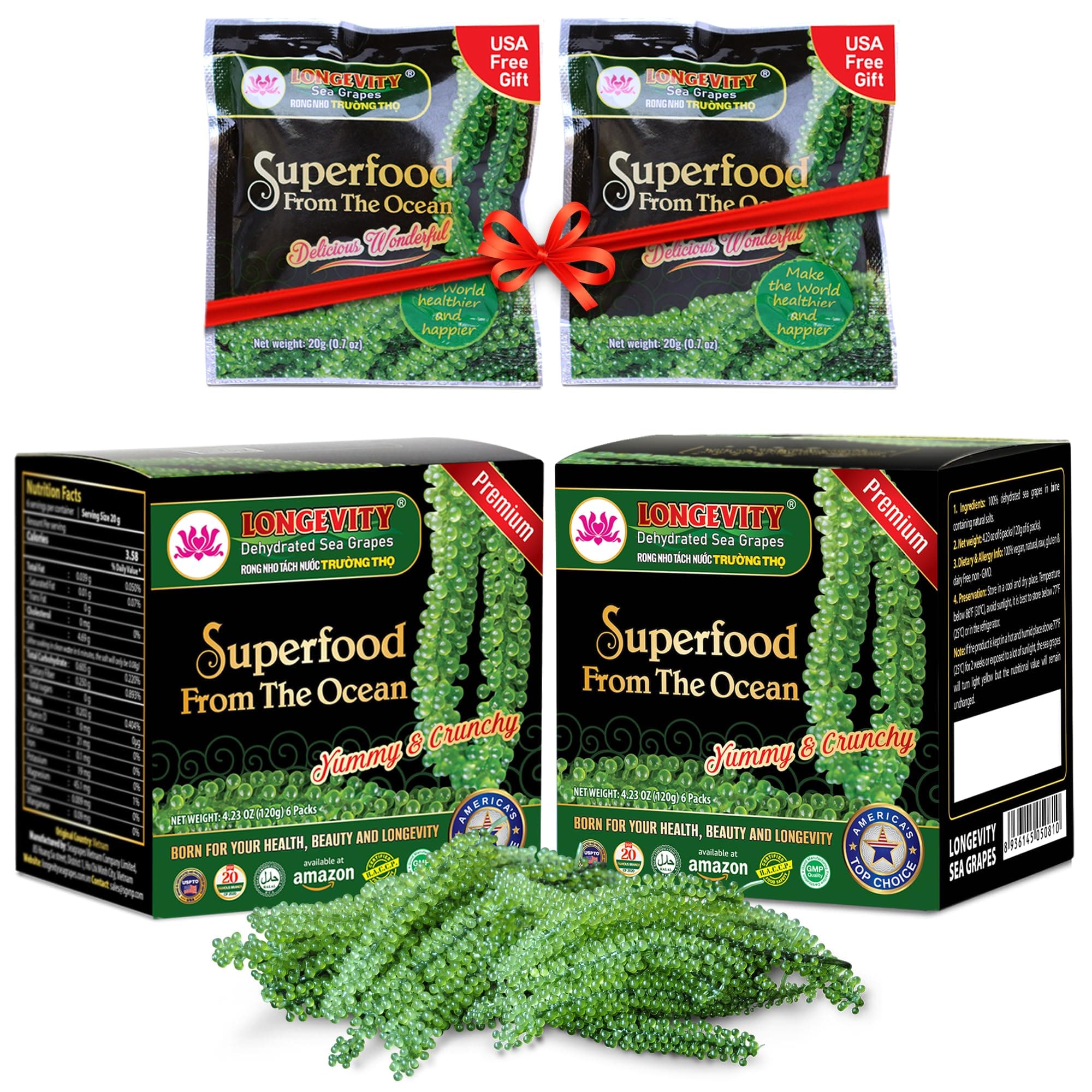 LONGEVITY Dehydrated Sea Grapes, 8.4 oz of (Pack of 12), Umibudo Green Caviar, Lato Seaweed | Enhance Health, Boosting Immune System, Valued Natural Gift From Sea (Original, 240g)