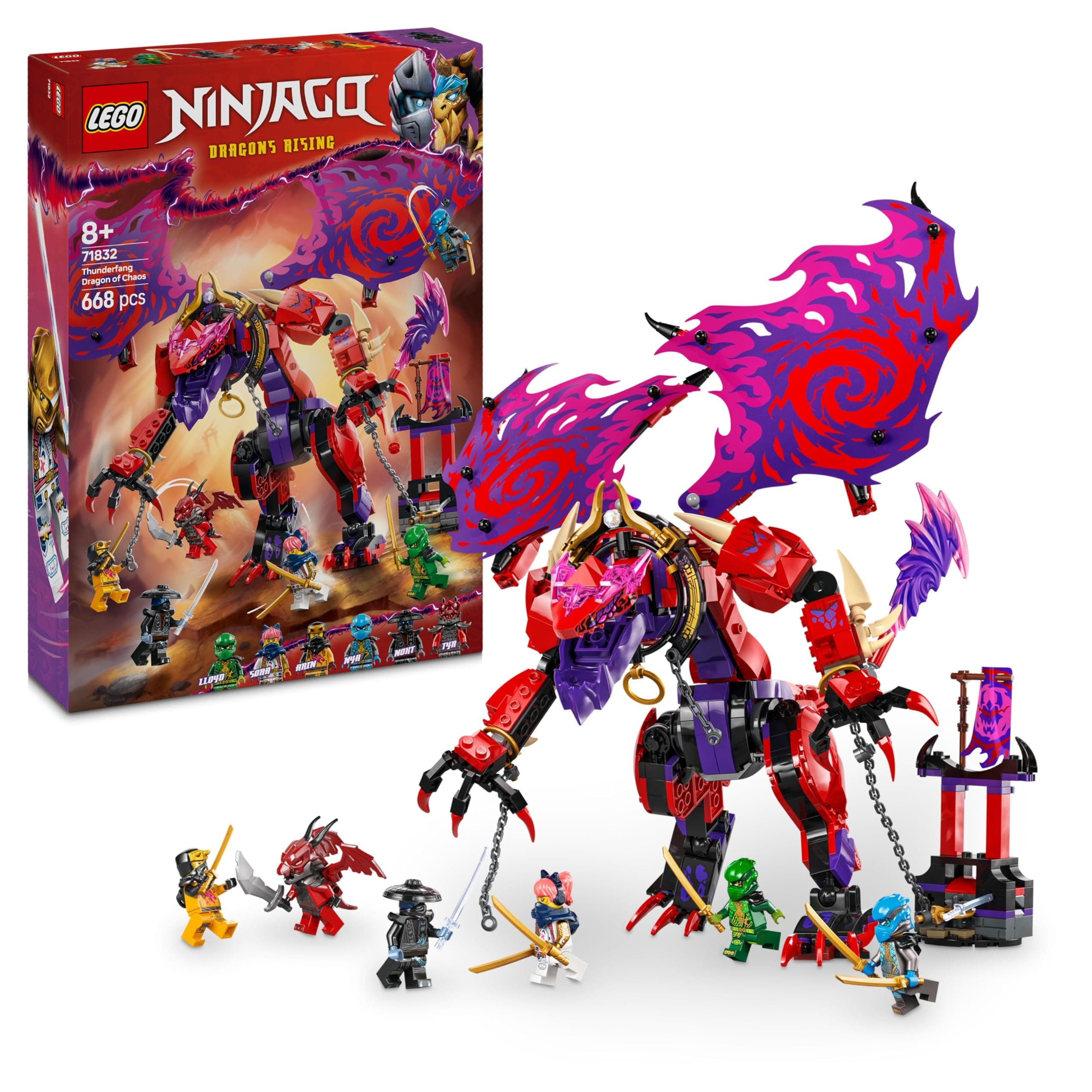 NINJAGO Thunderfang Dragon of Chaos Toy with 6 Ninja Warriors Minifigures - Good vs Evil Role Play Building Set for 8+ Year Old Boys & Girls - Gifts for Dragons Rising Show Fans - 71832