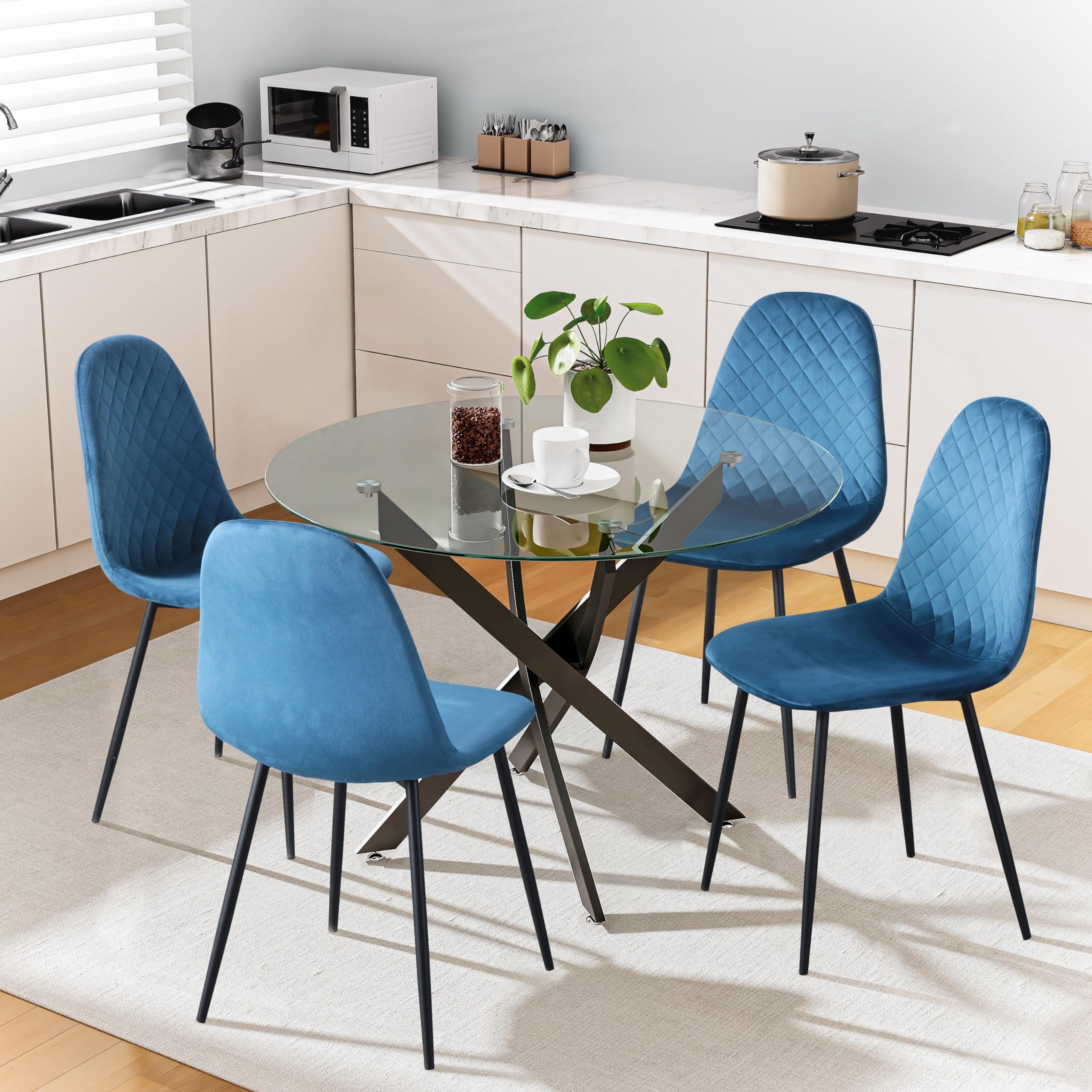GOLDFAN Round Glass Dining Table and Chairs Set 4 100cm Modern Kitchen Table and Velvet Chairs with Metal Legs Home Office Lounge Furniture,Blue