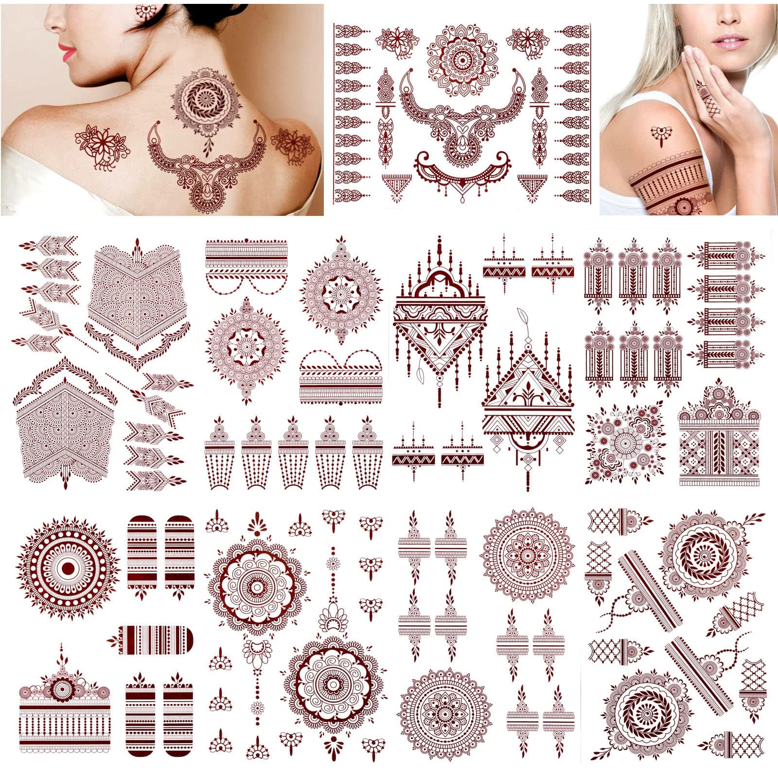 DPKOW Brown Red Temporary Tattoos for Woman Girls, 9 Sheets Mandala flower Tattoo Stickers Indian Lace Tattoo for Hand Arm Body Art, Waterproof Fake Temporary Tattoos Stickers for Eid al-Fitr Wedding