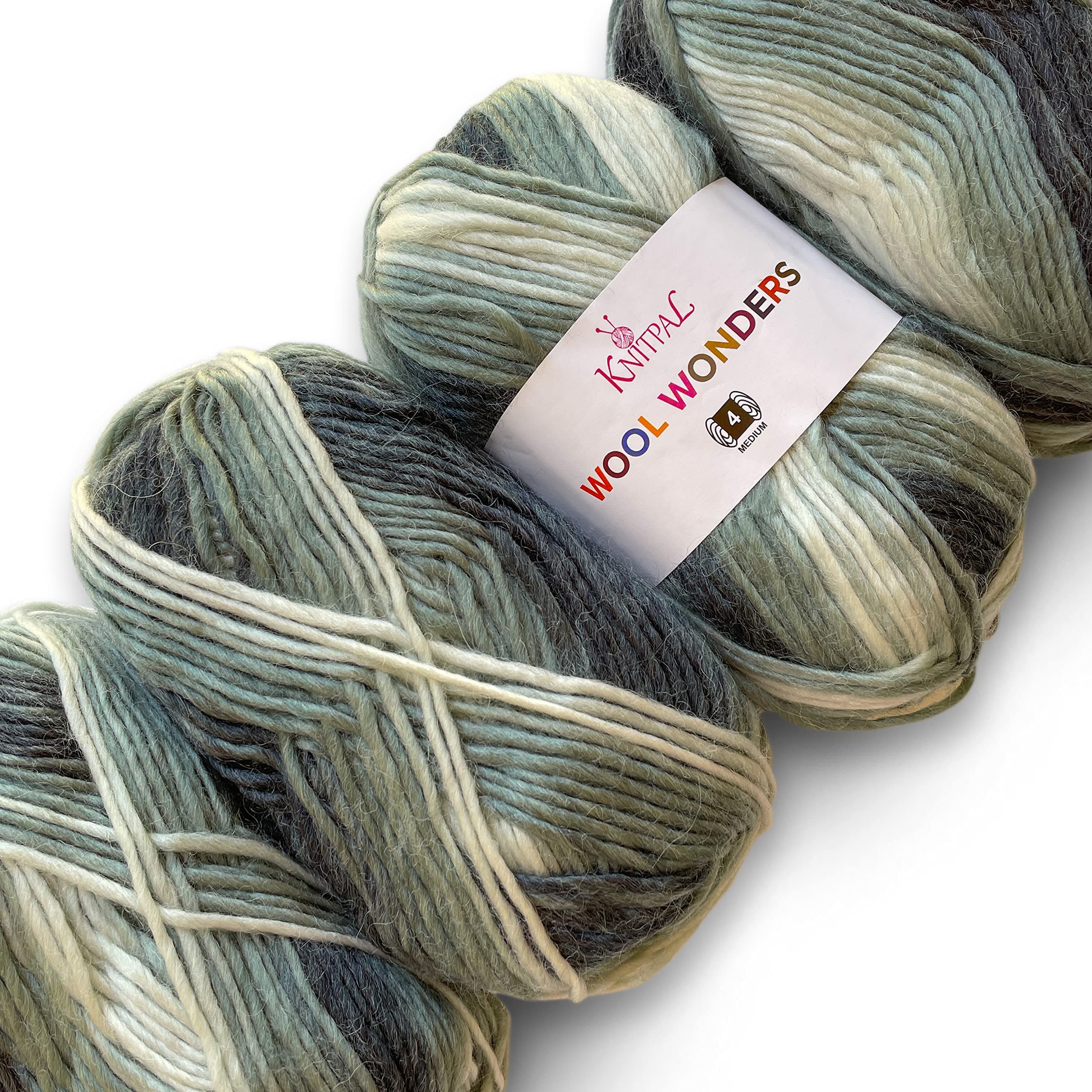 Wool Wonders Variegated Self-Striping Worsted Weight Yarn #4, Woolen Yarn for Scarves, Blanket and Garments, 4-Skeins Bulk Size, 400g/640yds (Domino Gray)