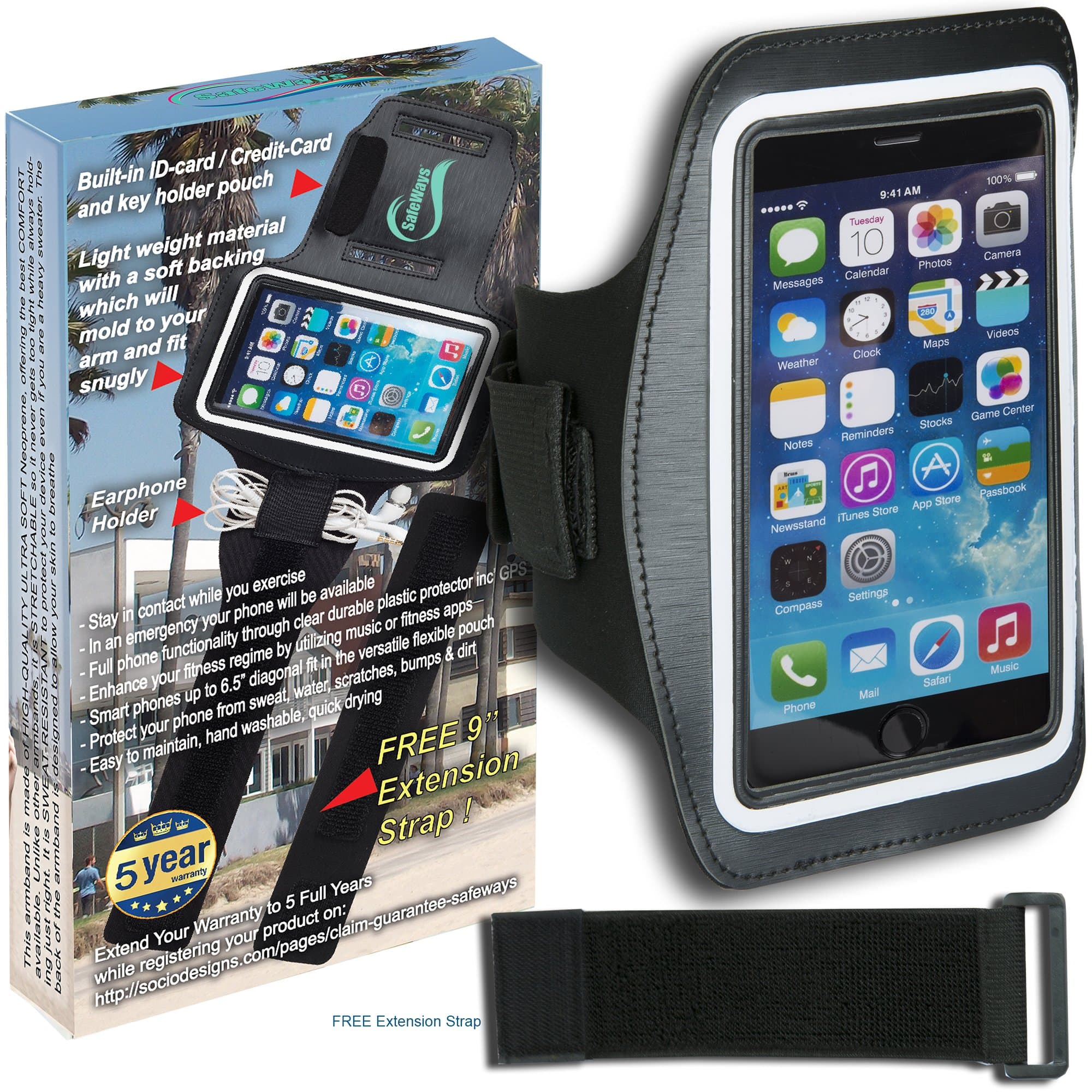 SafeWays Sports Armband - Full Touchscreen Functionality - Easy Access To Headphones, Camera - Smooth, Breathing, Lightweight - 5 Year Warranty