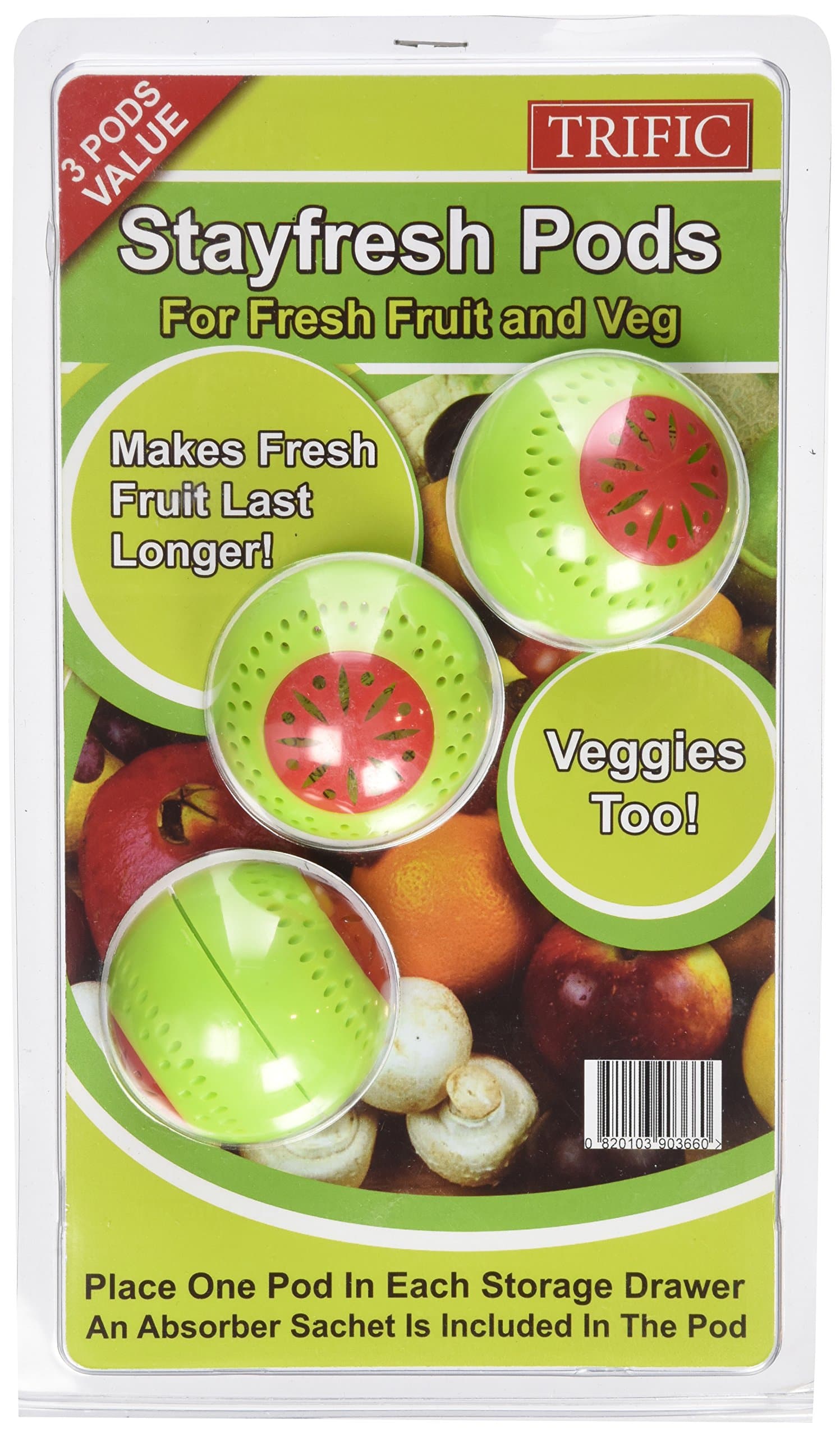 Trific 'Stay Fresh Pods' Keeps Produce Fresh. Fruit, vegetables & Flowers - Model T1-3 Pods per Pack - Green + Red