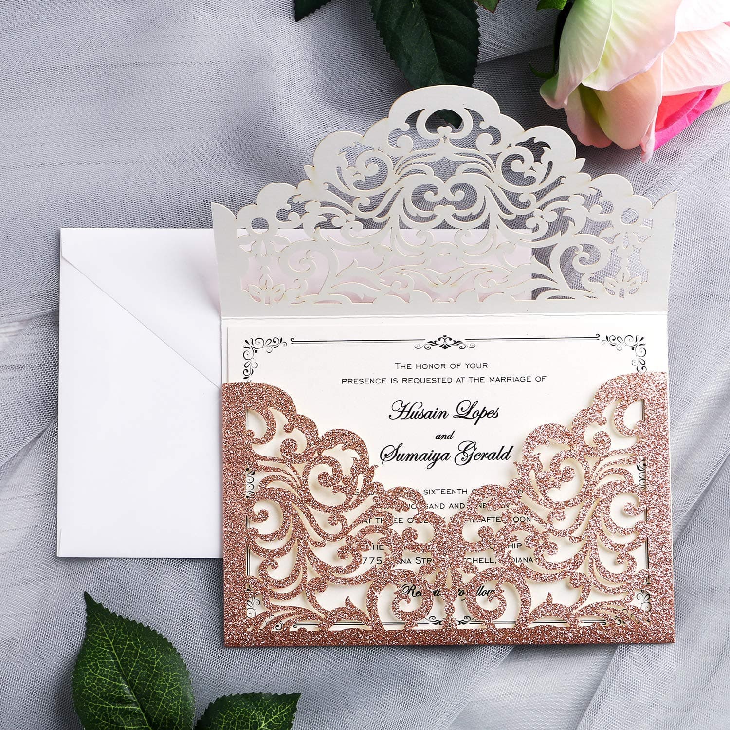 20 Pcs Laser Cut Wedding Invitation Card with Envelope for Wedding Quinceanera Bridal Shower Baby Shower Party Invite (Rose Gold Glitter)
