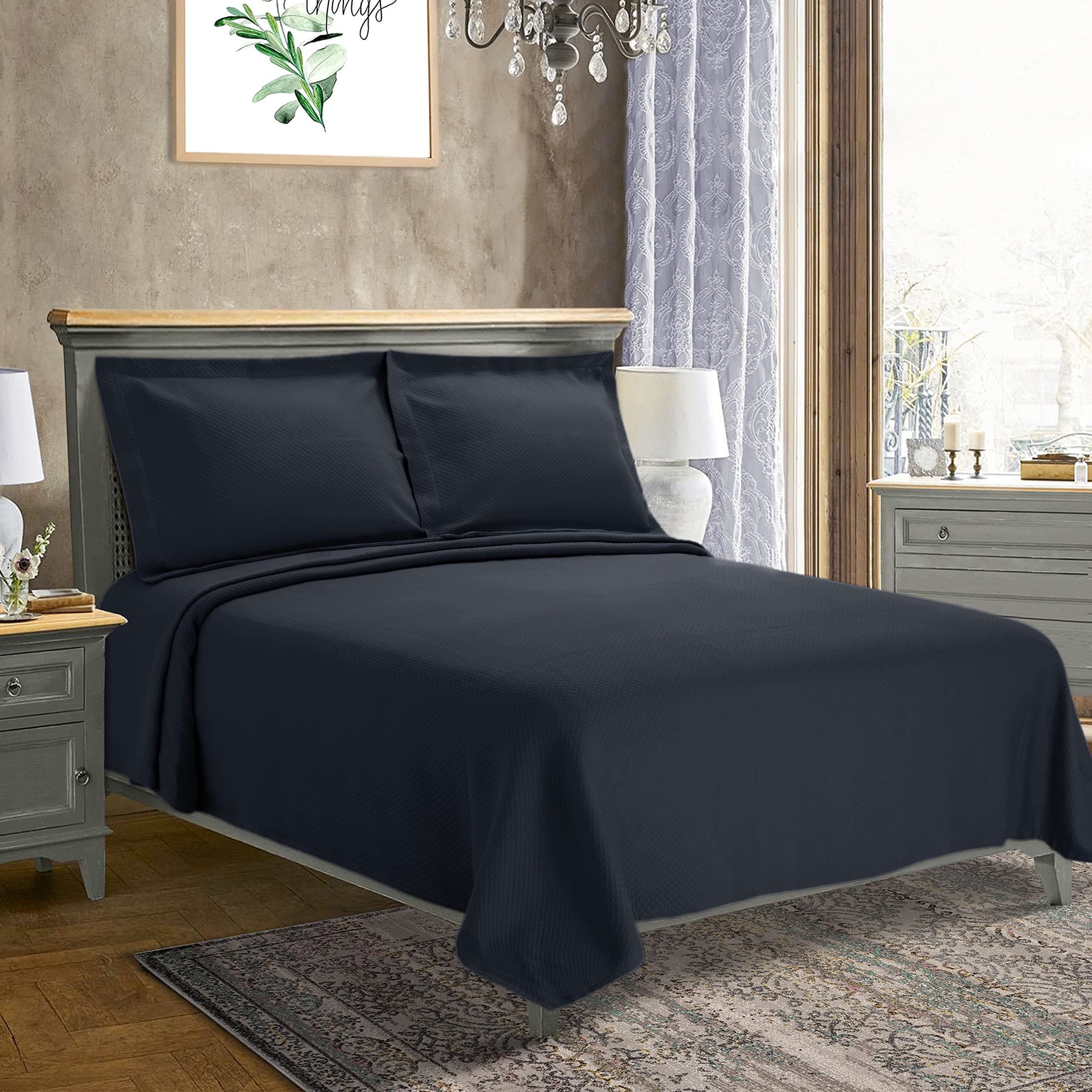 SuperiorSolitaire Cotton 3 Piece Bedspread Set, Home Bed Decor, Decorative Textured Bed Spread, 2 Pillow Shams, Airy Blanket, Matelasse Coverlet Bedding, All-Season Accent Blanket, King, Navy BlueOEKO-TEX STANDARD 100