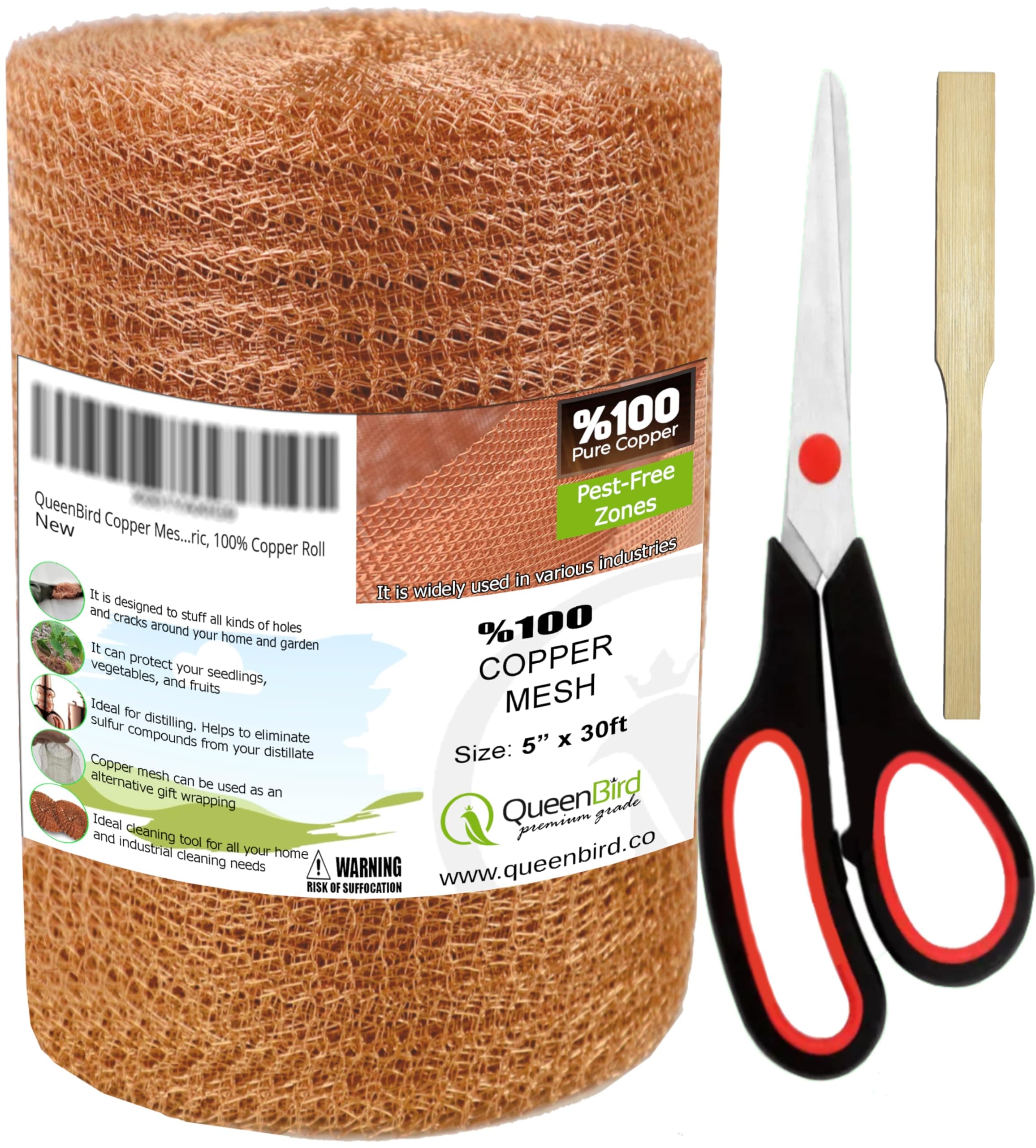QueenBird Copper Mesh - 5" X 30 Feet - Blocker for Hole - DIY Hole Filler, Copper Fill Fabric, Distilling, Pure 100% Copper Roll, with Packing Tool and Scissors