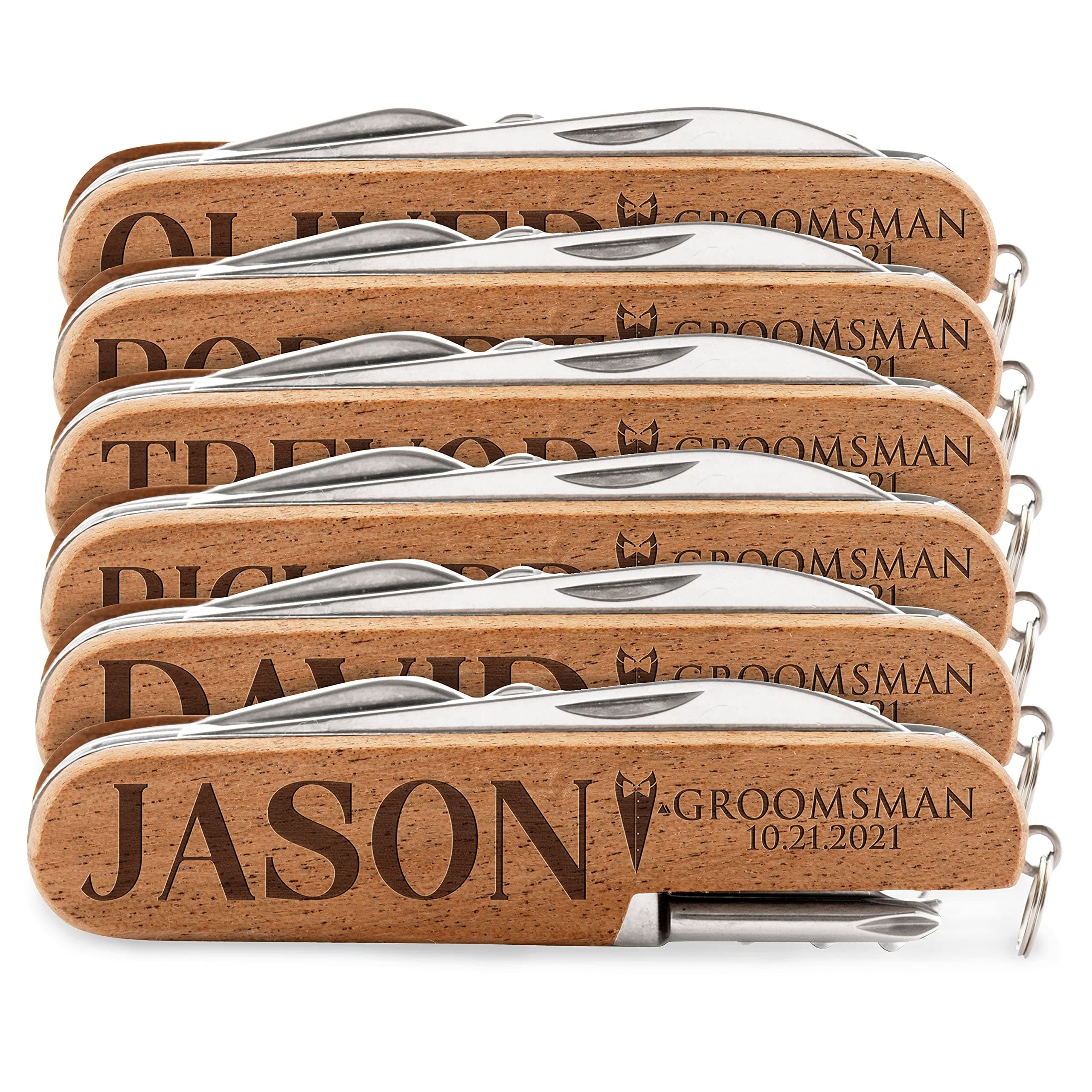 Set of 6 - Personalized Pocket Knife for Groomsmen - 8-Function Multi-Tool Custom Knives - Engraved - Groomsmen Gifts for Wedding, Groomsman Proposal Gifts