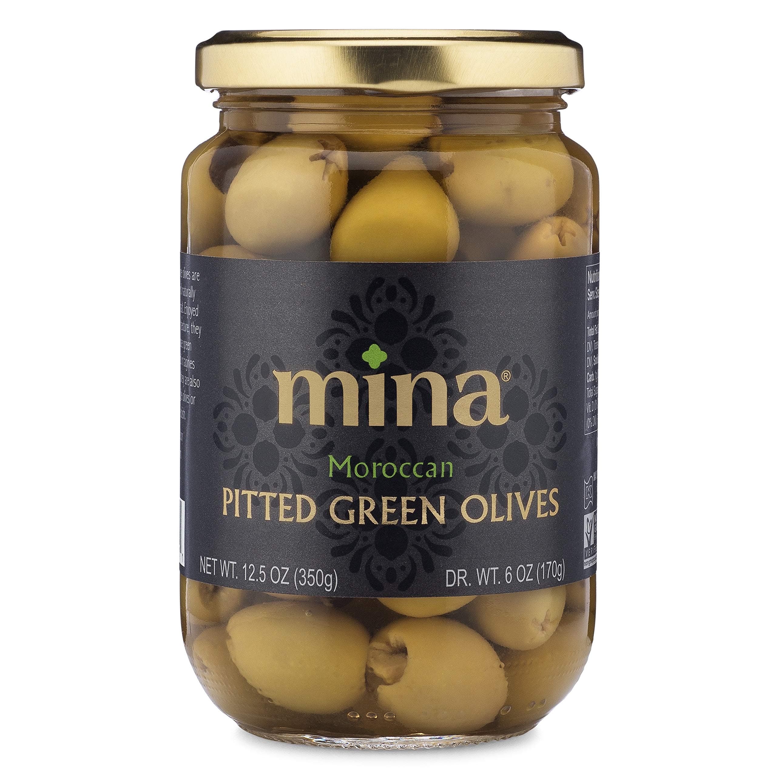 Mina Green Olives Pitted, 12.5 oz - Delicious Pitted Green Olives, Keto and Paleo Snack, Hand Picked, Naturally Cured, Gluten Free, Low Carb, Vegan, Non GMO and Kosher