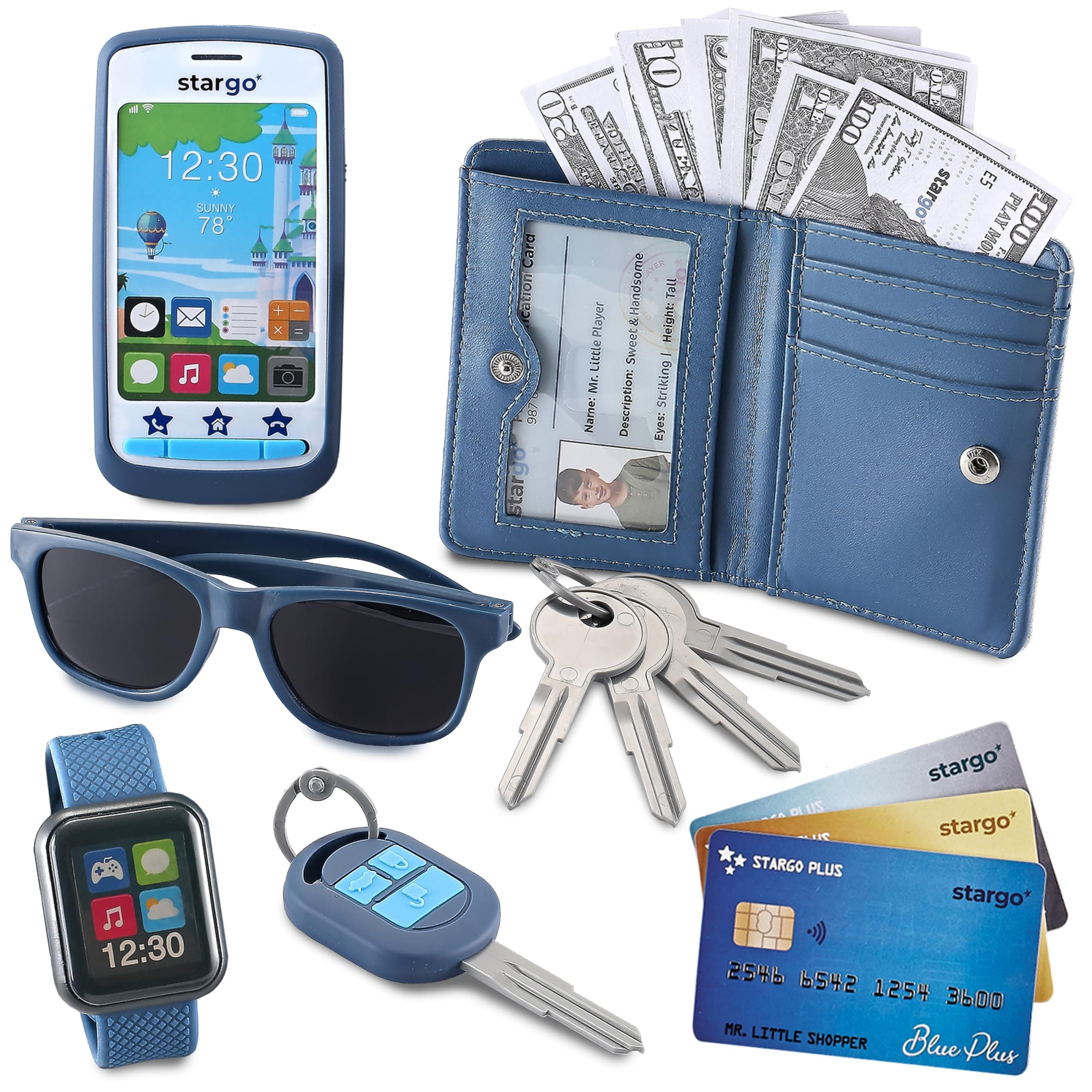 Play Wallet for Boys with Money and Pretend Play Toys, Cellphone, Smartwatch, Keys, Sunglasses, Toddler Wallet for Kids Ages 3 4 5 6 7 8 9 10 11 12 - Grown Up Pretend Play Set for Kids