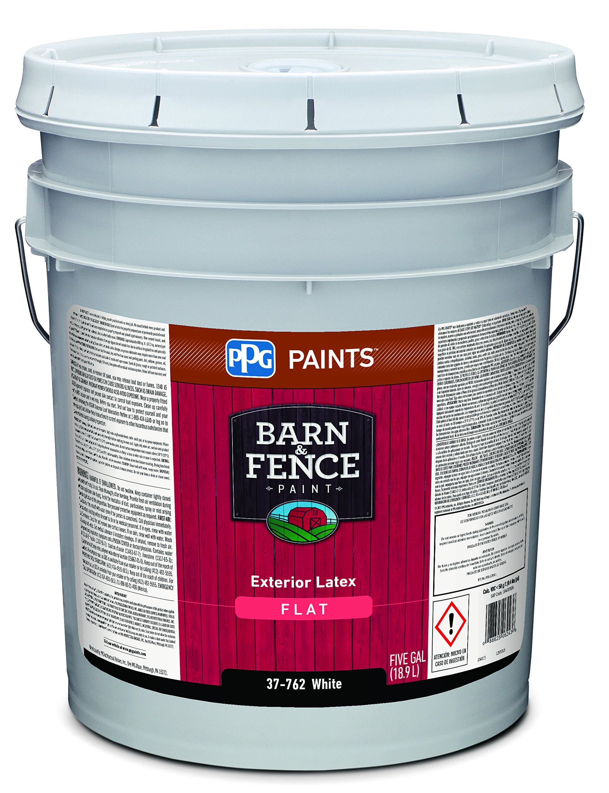 37-762/05 Latex Paint, Flat, 5 gal, Barn and Fence, Exterior Paint for Barn and Fence, White