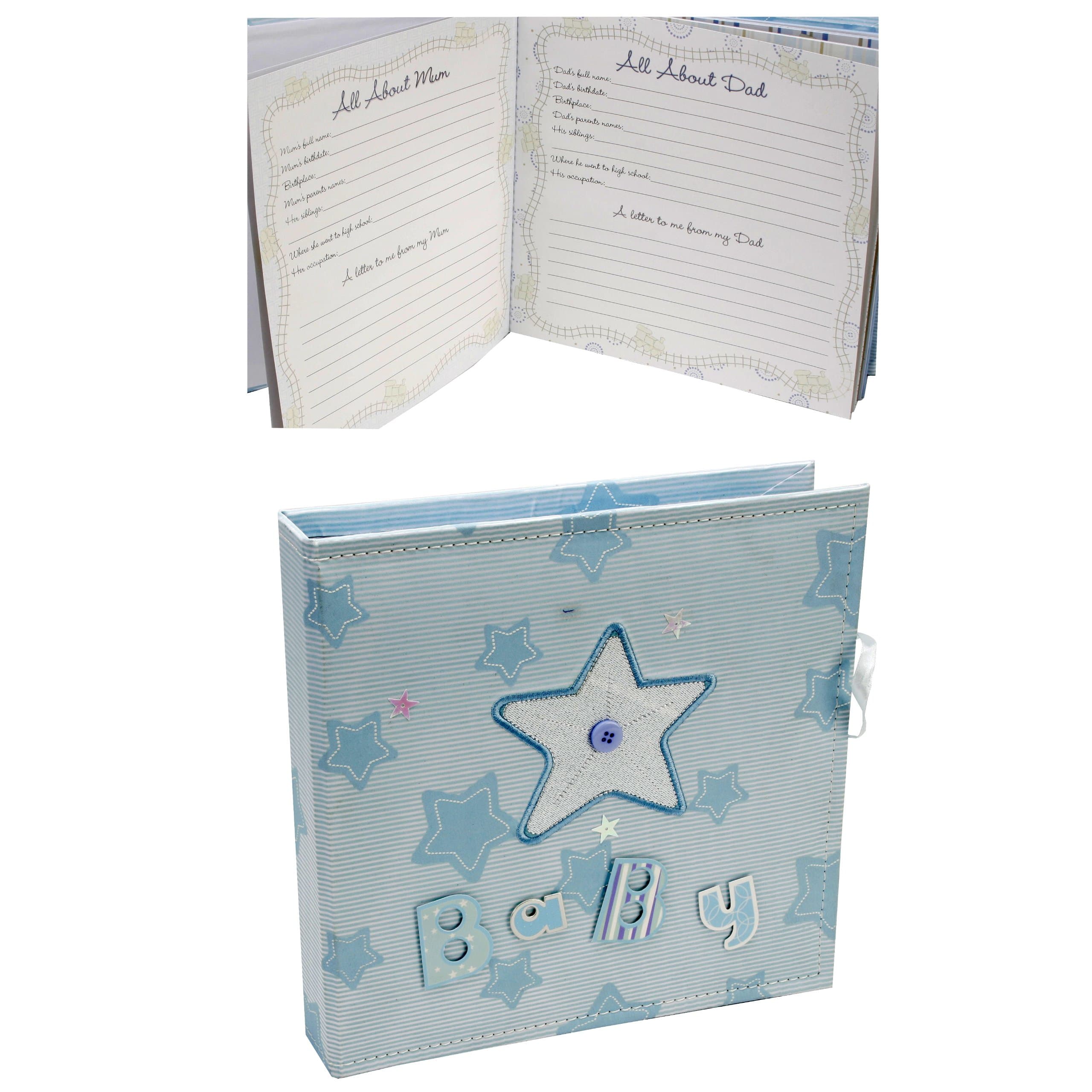 Blue Fabric Baby Boy Record Book Journal & Keepsake Box - Star Design