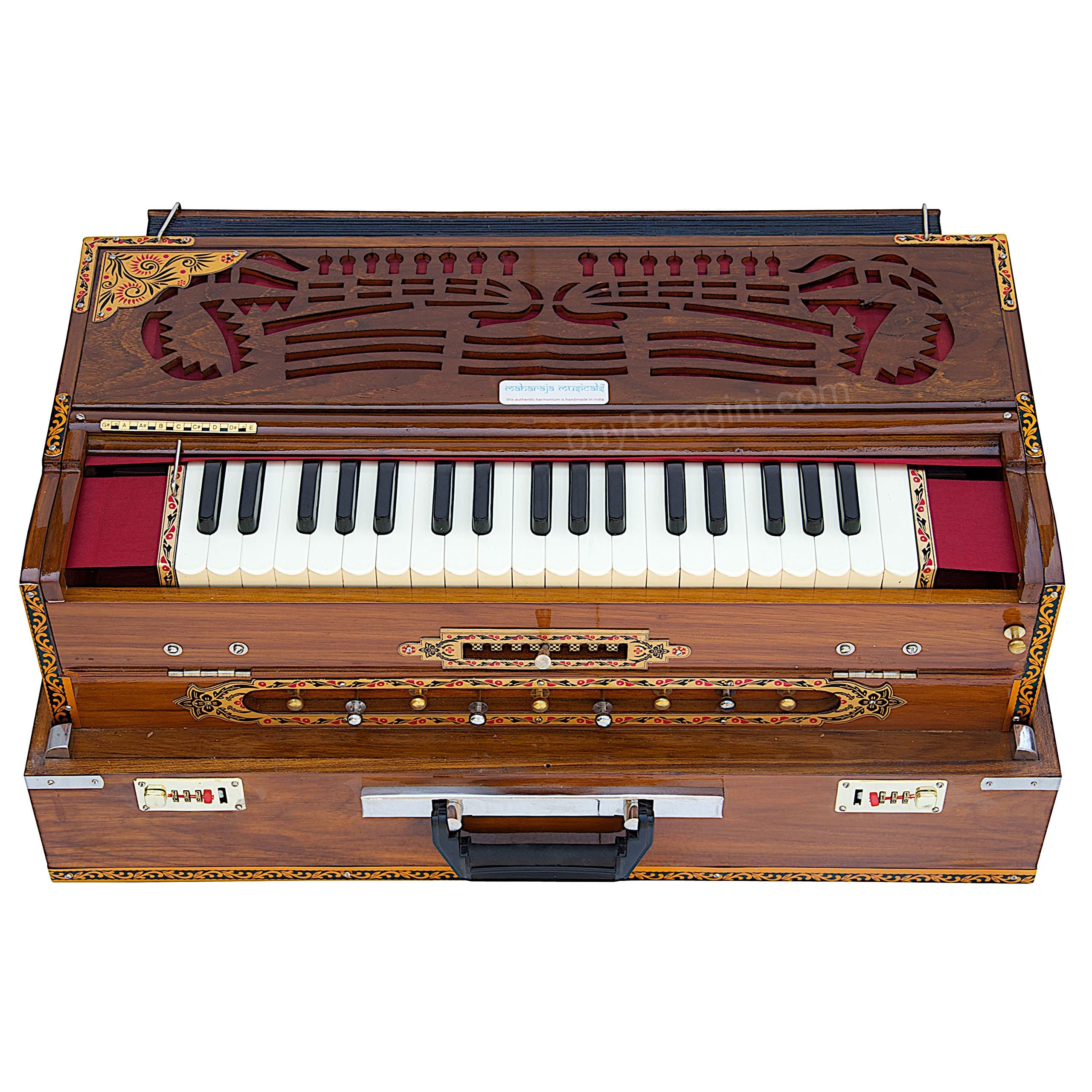 Scale Changer Harmonium, Maharaja Musicals, In USA, Triple Reed, 9 Scale Changer, 3 3/4 Octave, Natural, Teak Wood, Coupler, Bag, Tuned to A440, Indian Musical Instrument Calcutta (PDI-AGI-MMF)