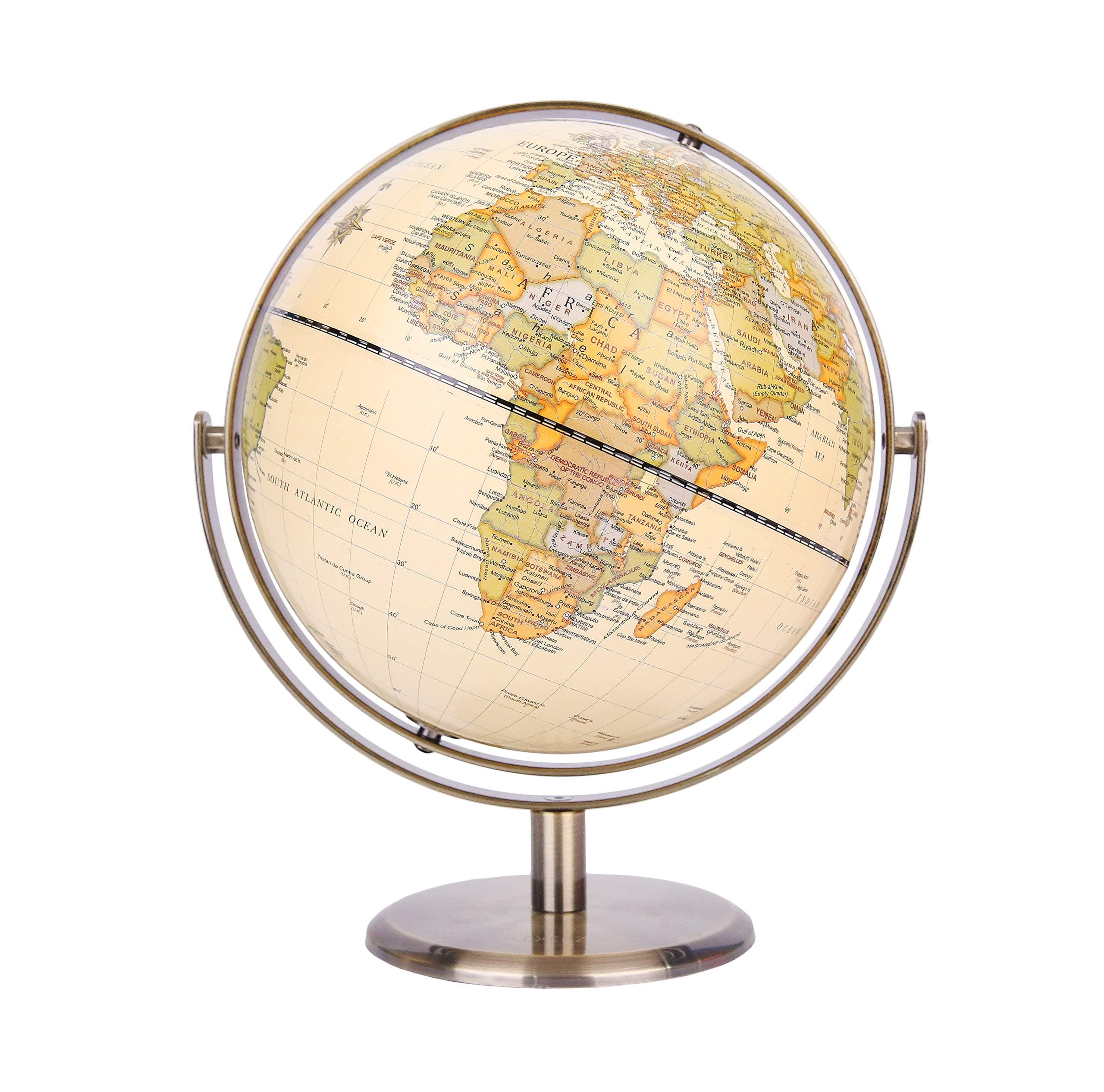 Exerz 8" Antique Globe With Bronze Base - World Globe Rotating All Direction 360 - Modern Map Vintage Colour - Diametre 8 inches