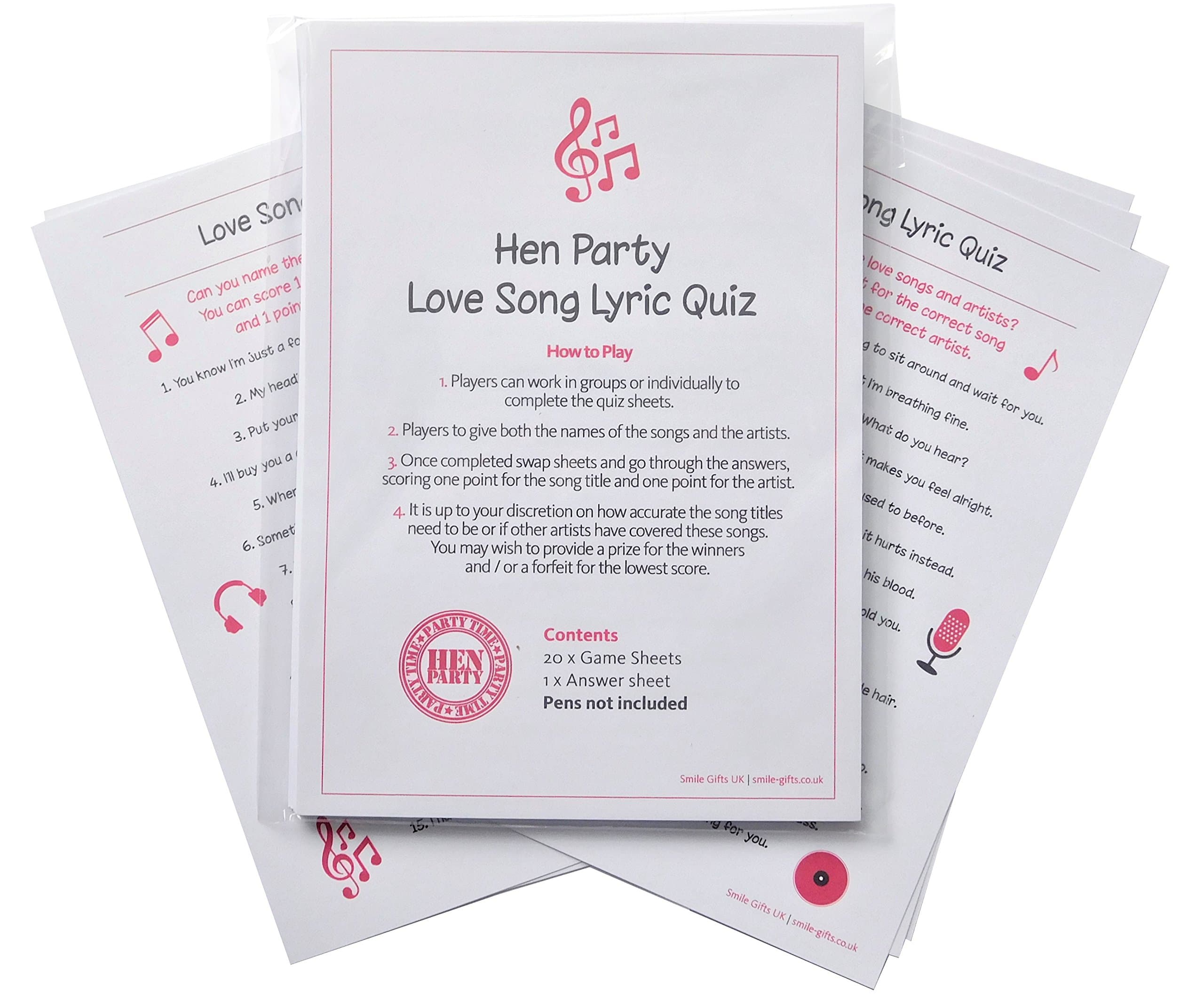 SMILE GIFTS UK Hen Party Love Song Lyric Quiz Game including 20 Game Card- Guess the song quiz, Hen night game, bridal shower game, Hen Party Games, Hen Night Games, Hen Party Quiz, Hen Night Quiz