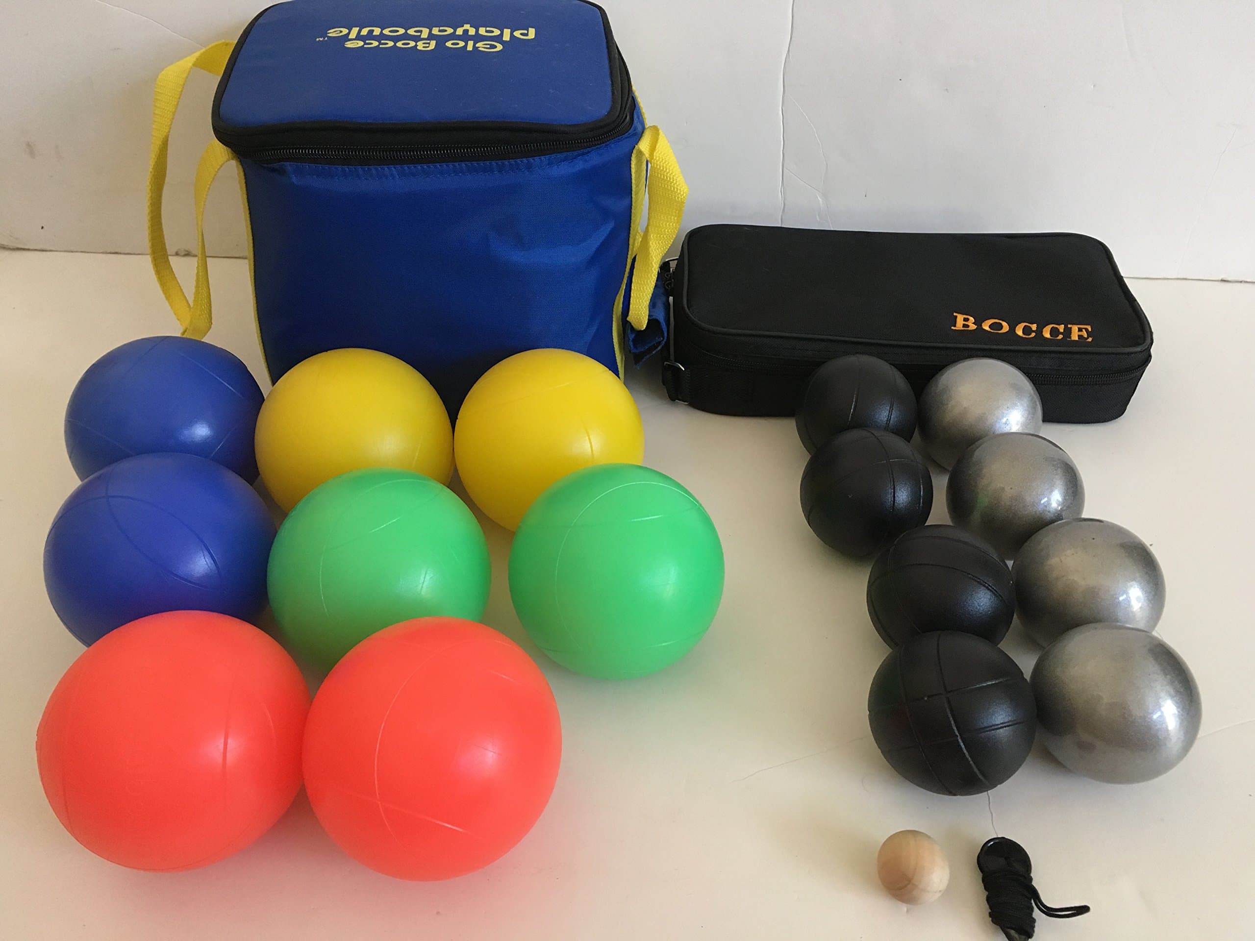 Glow in Dark BocceSset and 73mm Metal Bocce/Petanque 8 Ball Set with 4 Black and 4 Plain Grind Sand Balls and Black Bag