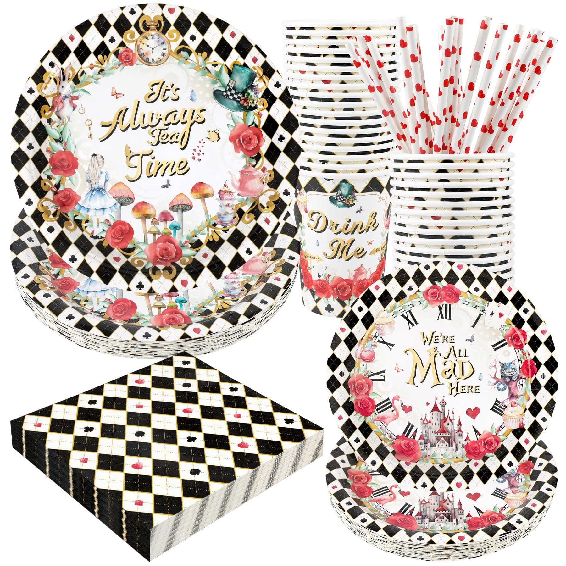 Alice Tea Party Decorations - Baby Shower Paper Plates, Napkins, Cups & Straws for 24 Guests, 120 Pcs Disposable Party Dessert Dinnerware