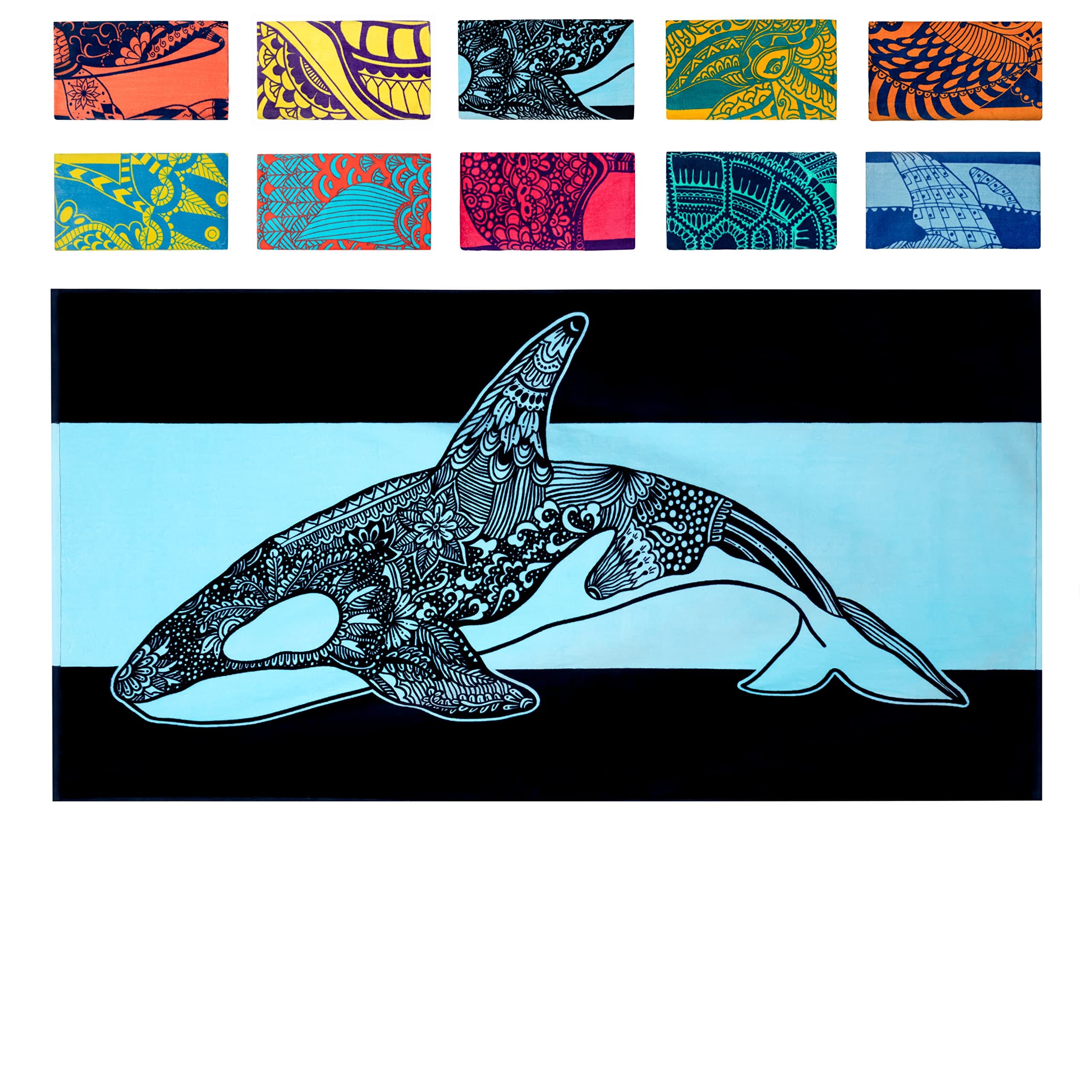 Nova Blue Orca Beach Towel (34 X 63) – Navy & Blue Colorway with Tropical Whale Design Travel Beach Towels Made from 100% Cotton – Vibrant Colorful Blanket Towel – Extra LargeOEKO-TEX STANDARD 100