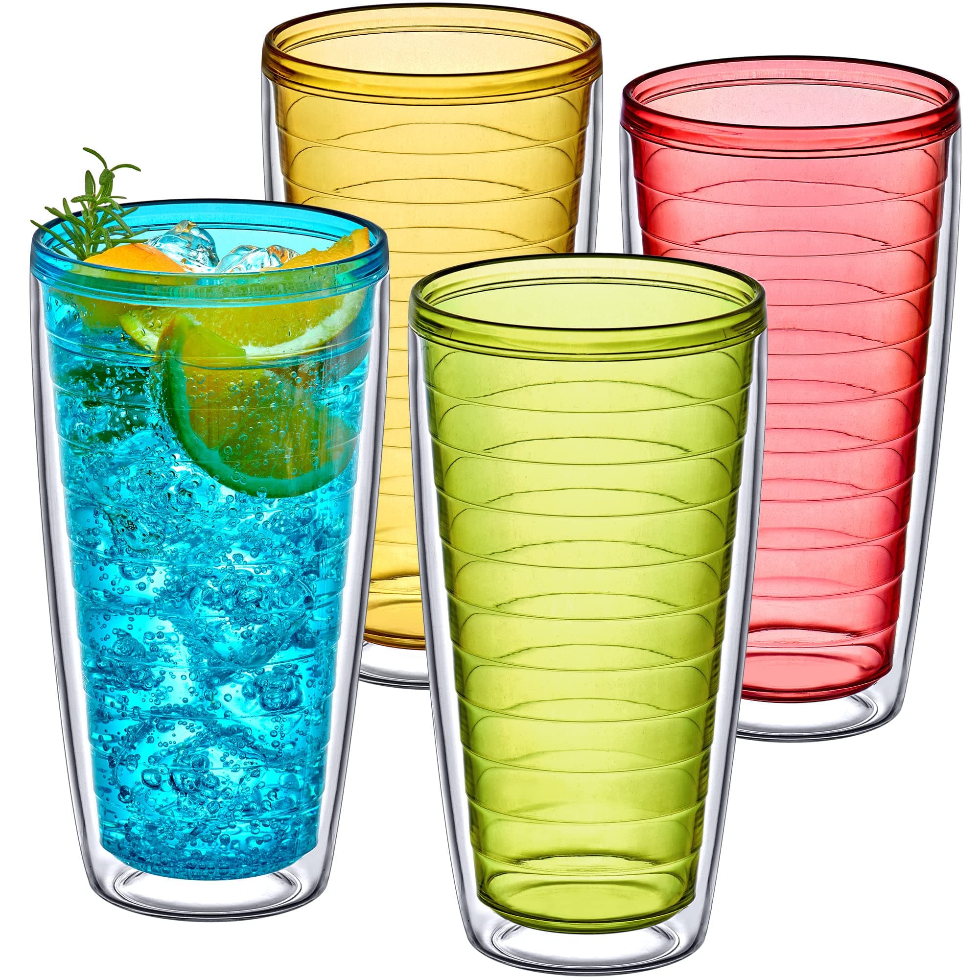 Amazing Abby - Alaska - 24-Ounce Insulated Plastic Tumblers (Set of 4), Double-Wall Plastic Drinking Glasses, Mixed-Color Reusable Plastic Cups, BPA-Free, Shatter-Proof, Dishwasher-Safe