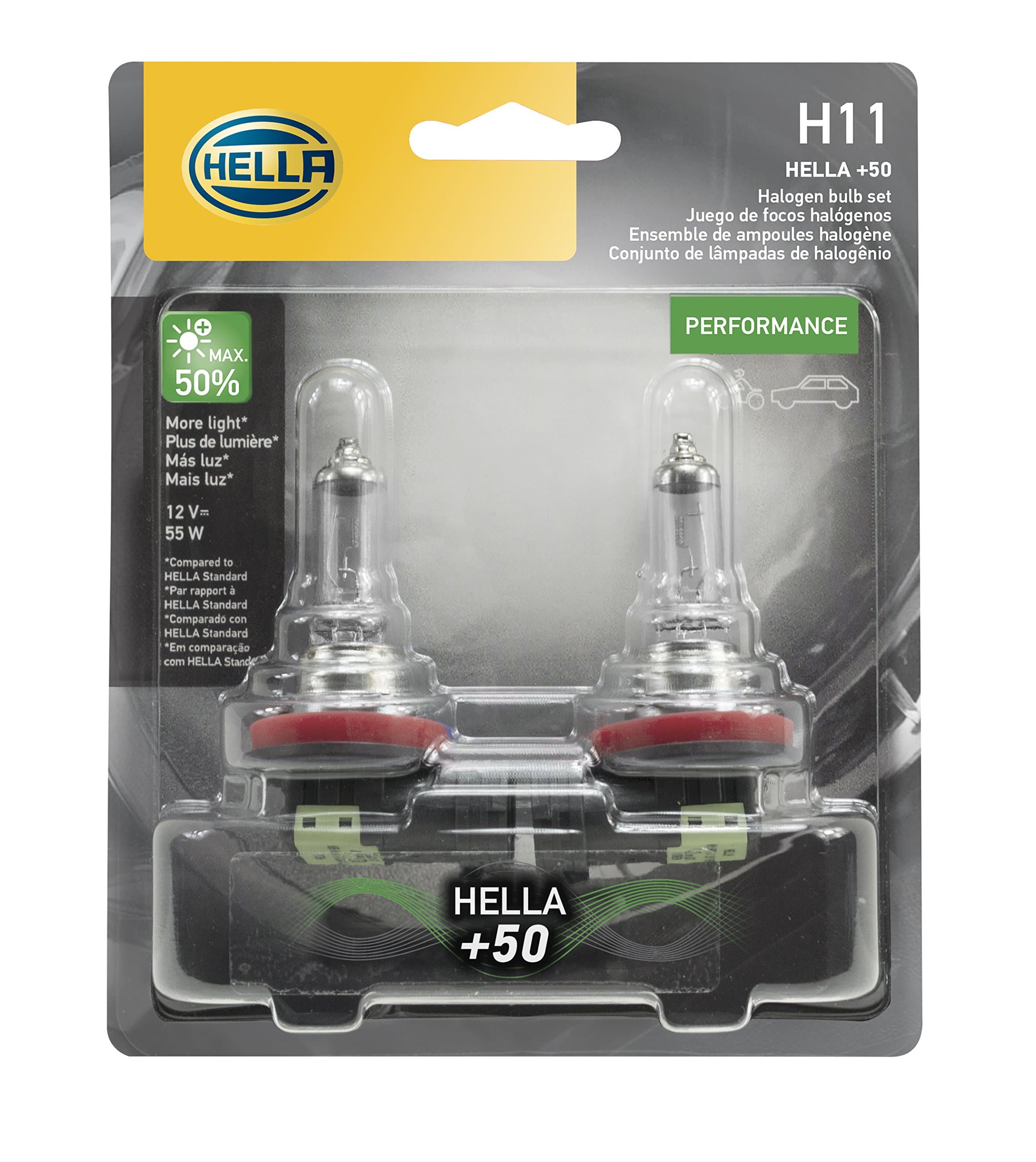 HELLA H11P50TB Twin Blister +50 Performance Bulb, 12V, 55W, 2 Count (Pack of 1)