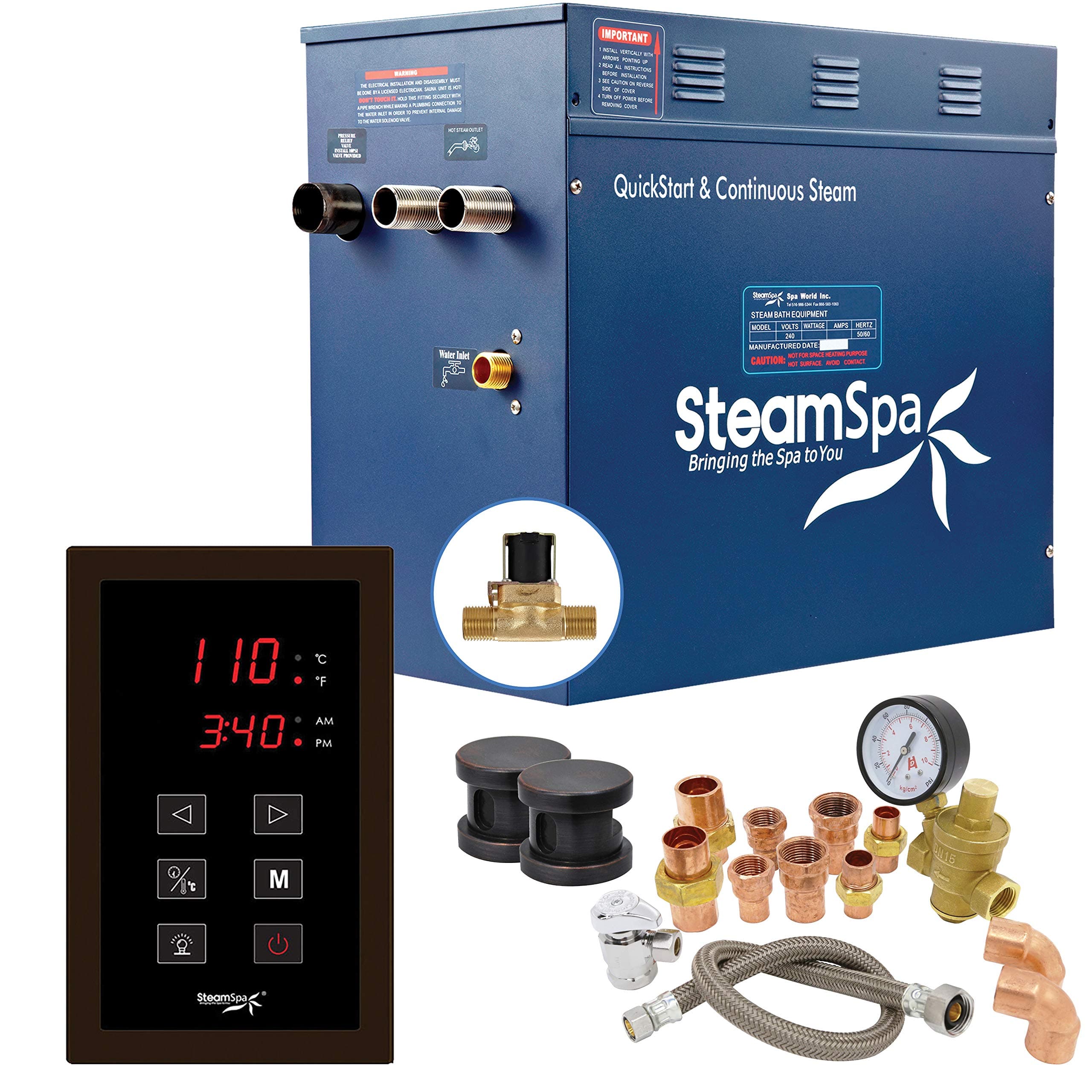 - SteamSpa 10.5kW Steam Sauna Generator Premium Bundle 240V Steam Generator with Touch Pad Control, Steamheads, Pressure Relief Valve, Built-in Auto Drain and Plumber Quick Install Kit PRT1050OB-A