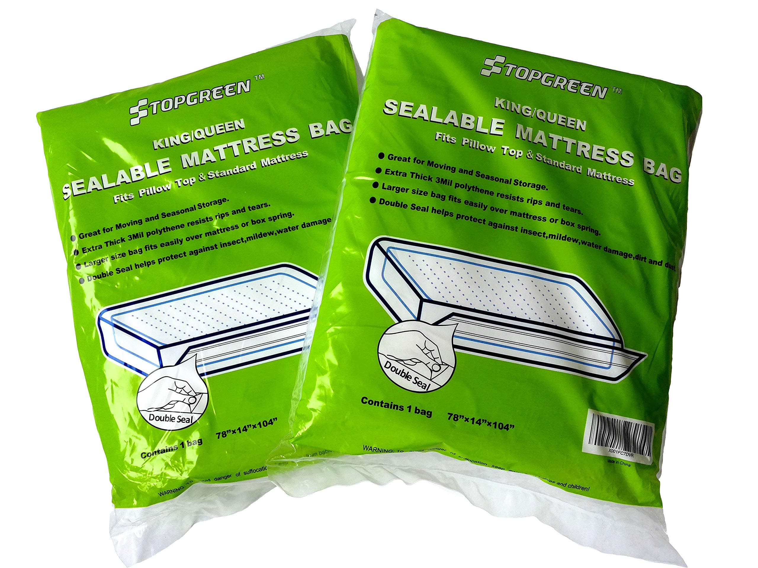 2-Pack Mattress Bag for Moving and Long-term Storage Sealable with Adhesive Strips Mattress Disposal Bag 3 Mil Heavy Duty King/Queen Size