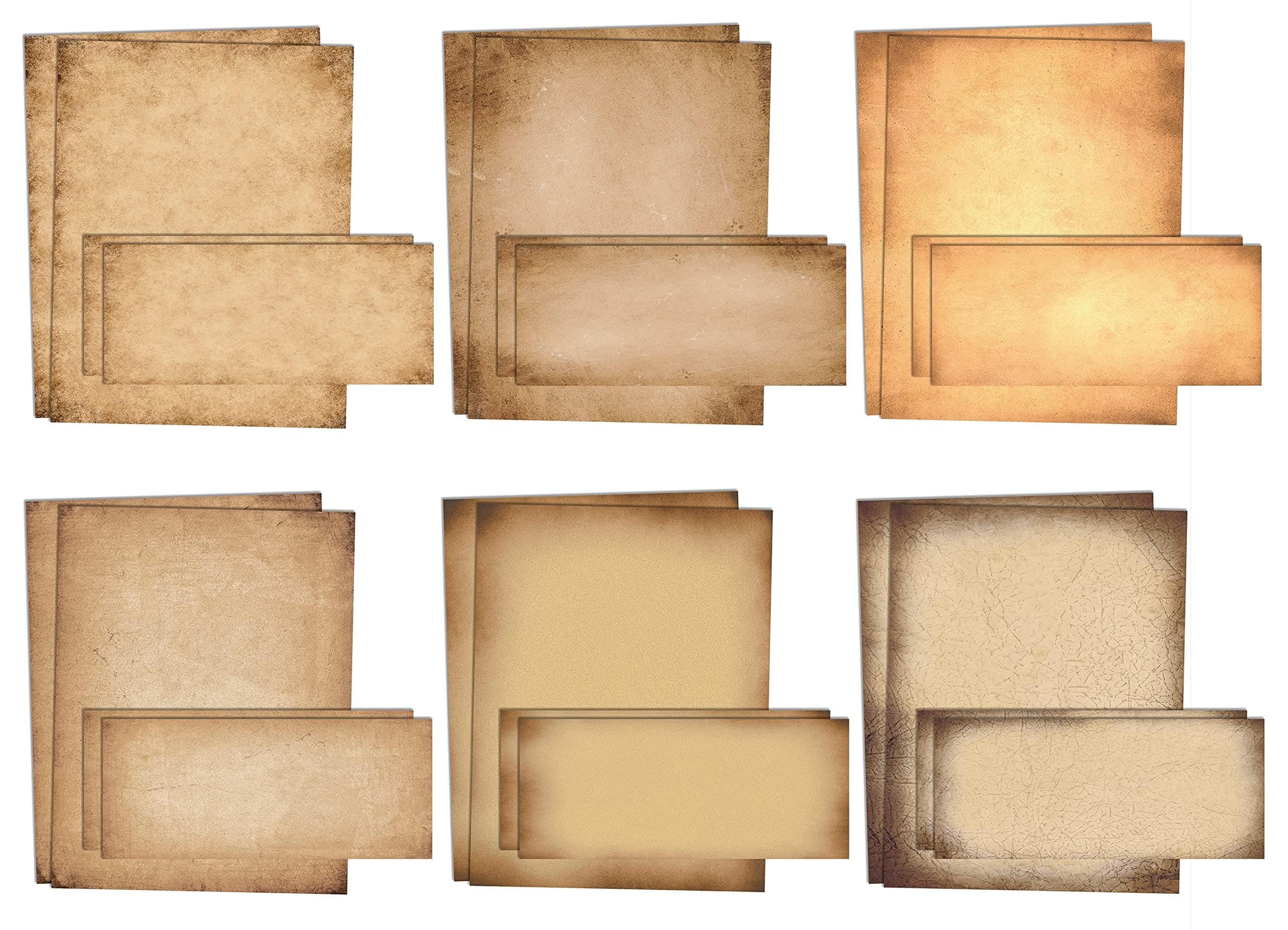 Better Office Products Aged Paper Stationery, 100 Piece Set (50 Sheets + 50 Matching Envelopes), Vintage Antique Old Fashion Parchment Paper, Letter Size 8.5 x 11", 6 Designs, Double Sided Paper,