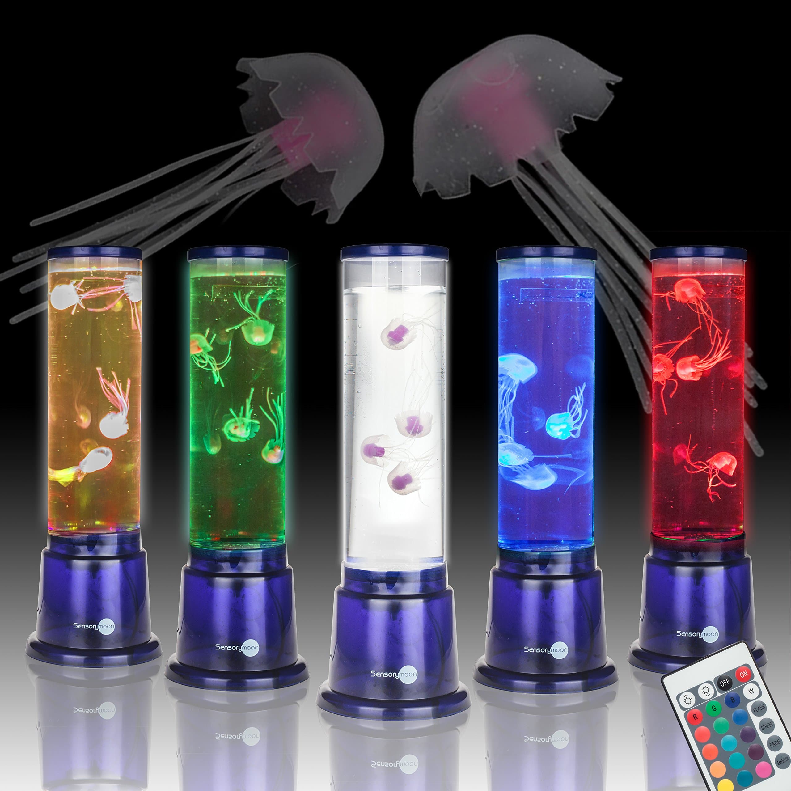 SensoryMoon Jellyfish Lamp Aquarium Mood Light w Large Cylinder Tank, 4 Fake Jelly Fish, and 20 LED Color Remote is Perfect Night Light, Desktop Art Decor, or Electric Lava Lamp for Kids