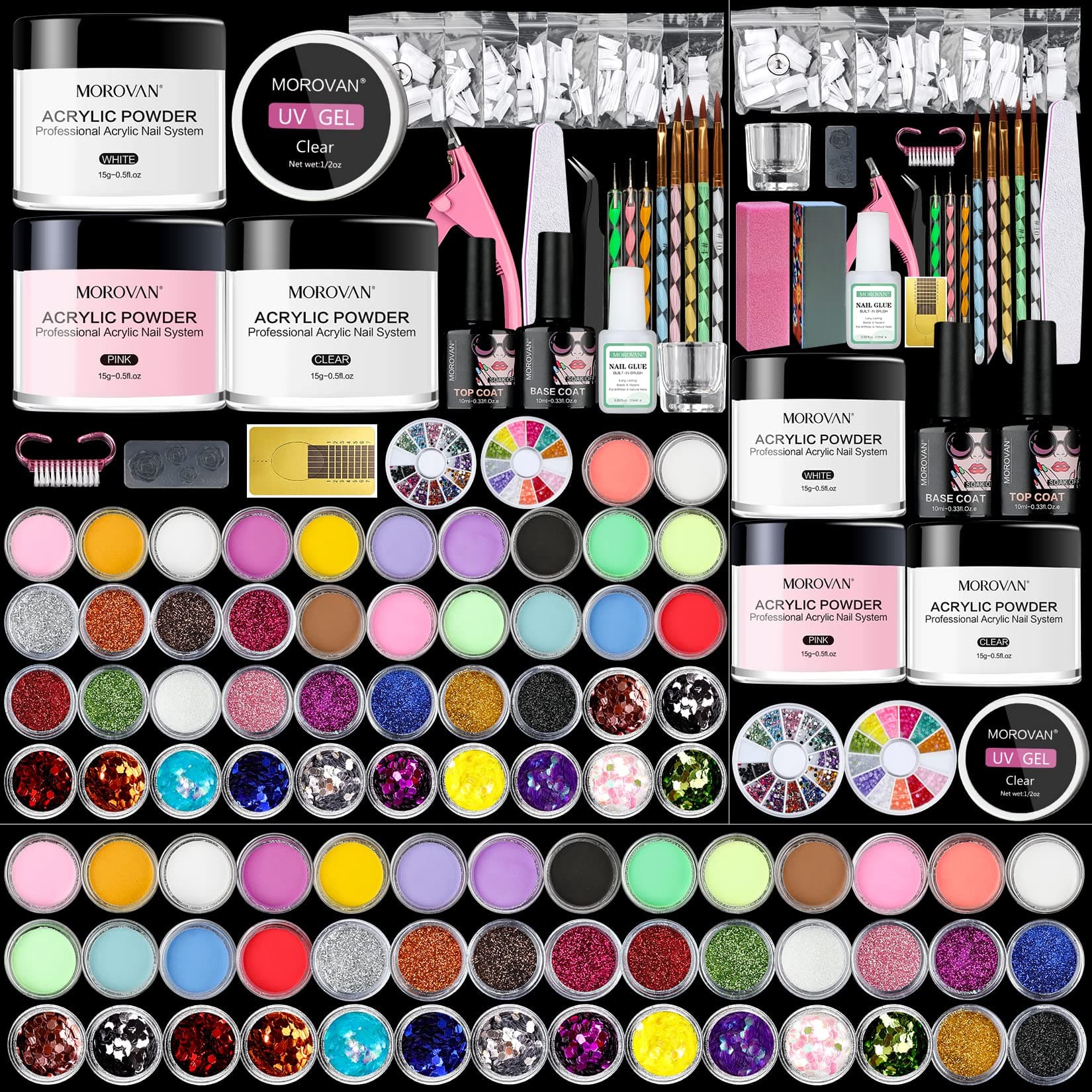 42 in 1 Acrylic Nail Art Set Acrylic Powder and Liquid Set Glitter Brush Nail Tips Nail Art Tools Kit Set Nail Art Decoration Tools Professional Manicure Set