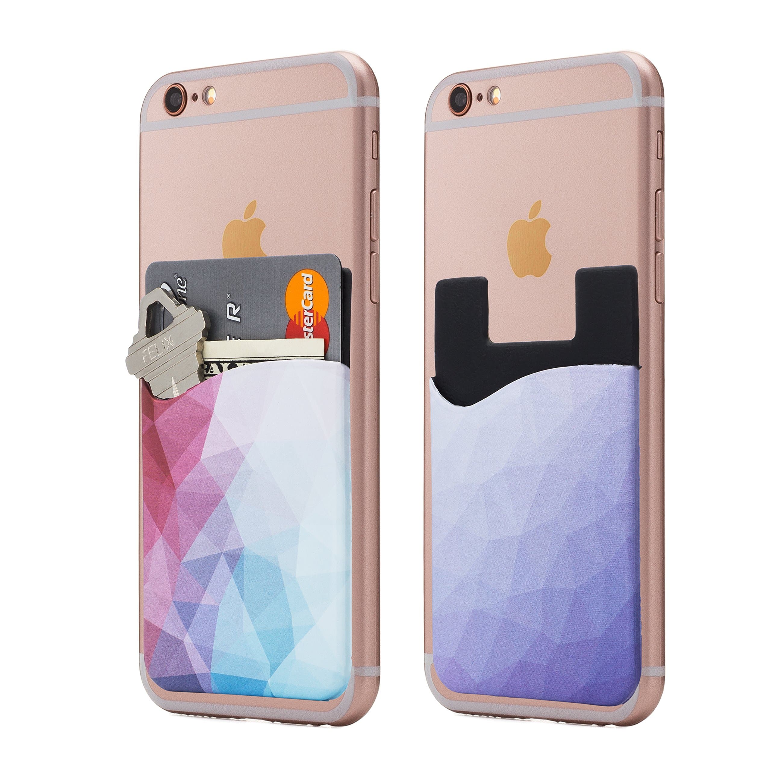 (Two) Geometric cell phone stick on wallet card holder phone pocket for iPhone, Android and all smartphones.