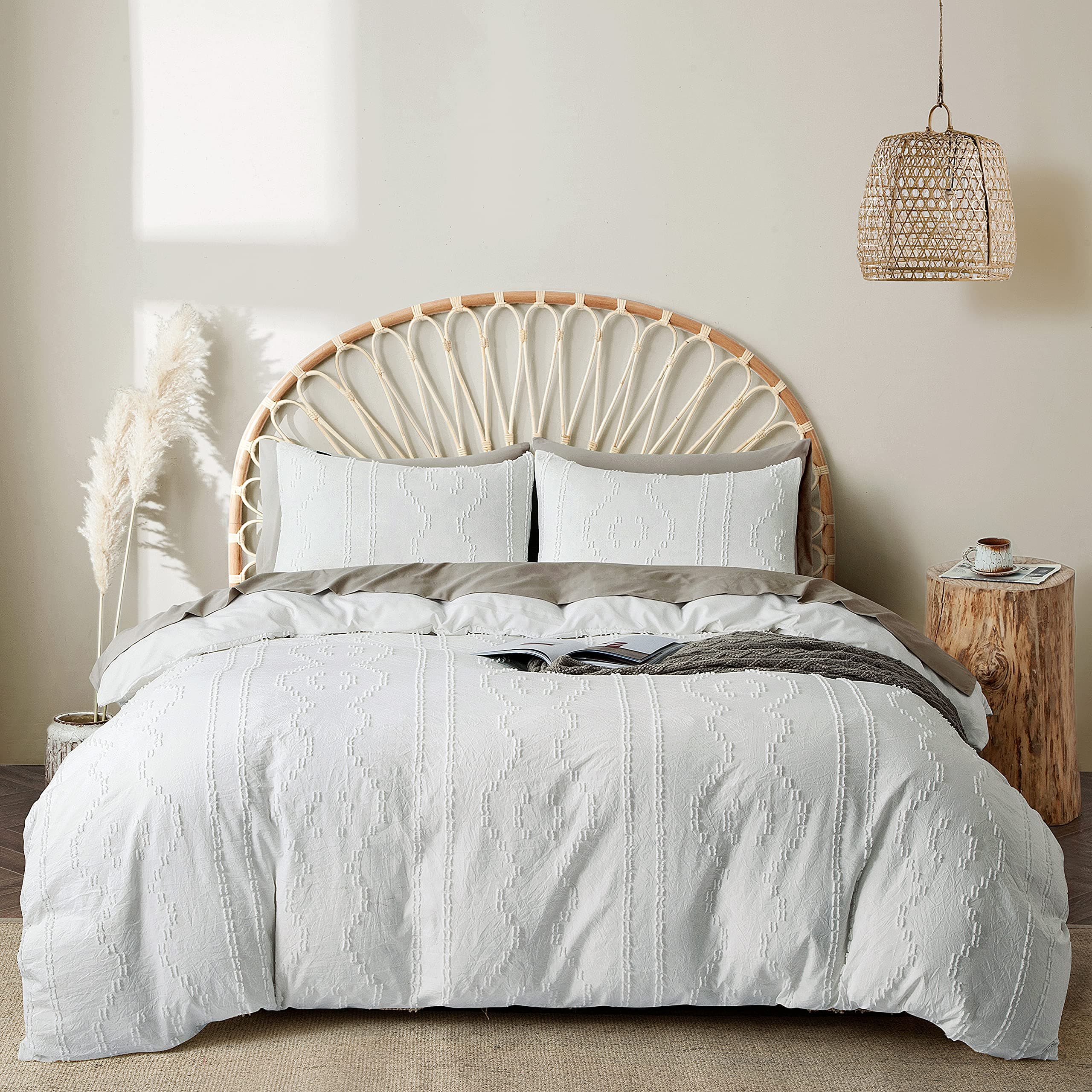 BEDAZZLED Duvet Covers King Size,3pcs Soft and Embroidery Shabby Chic Boho Bedding Sets,100% Washed Microfiber Tufted Comforter Cover Set,Ivory