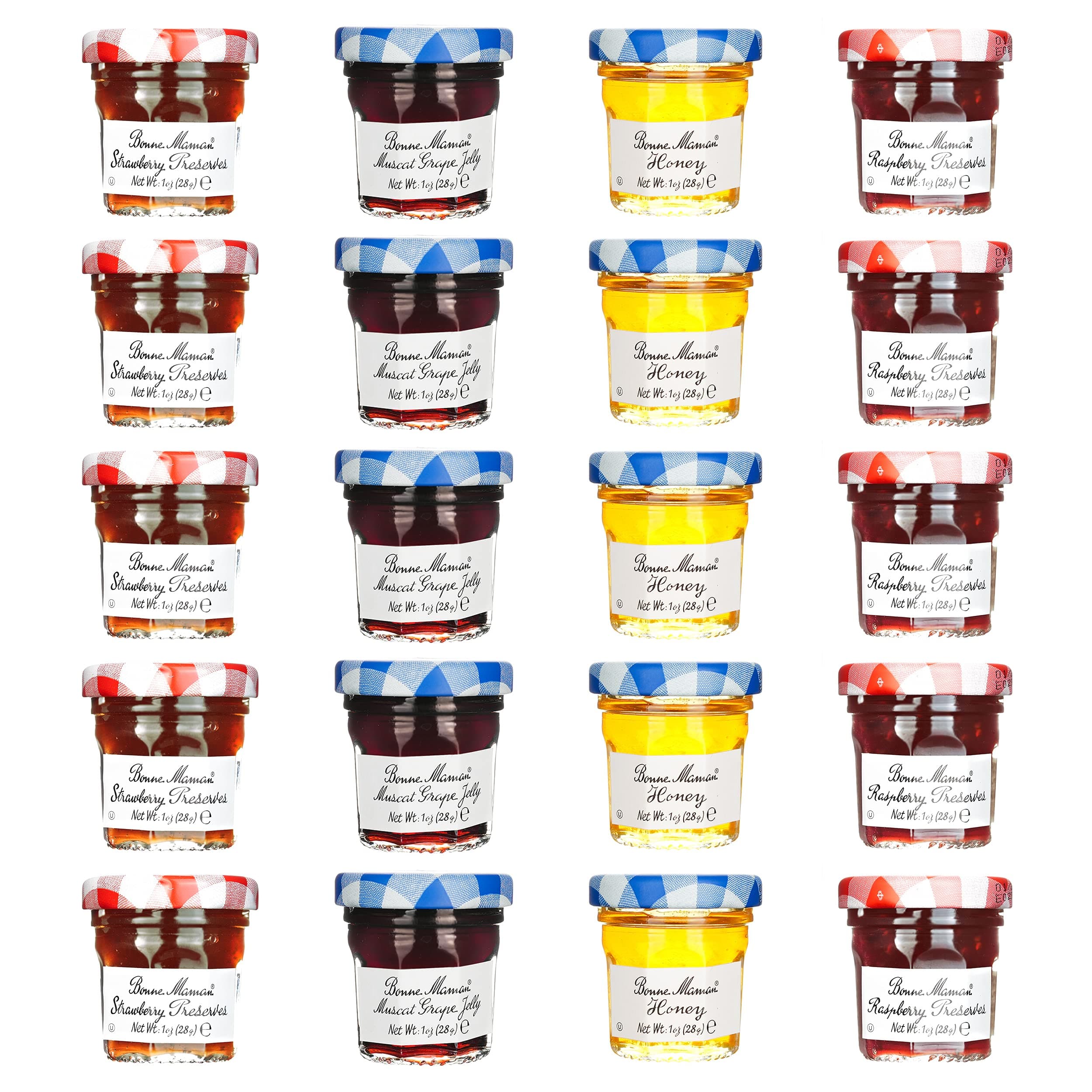 Bonne Maman Assorted - 20/1 oz Mini Jars -Strawberry, Raspberry, Honey, Grape - 5 each flavor