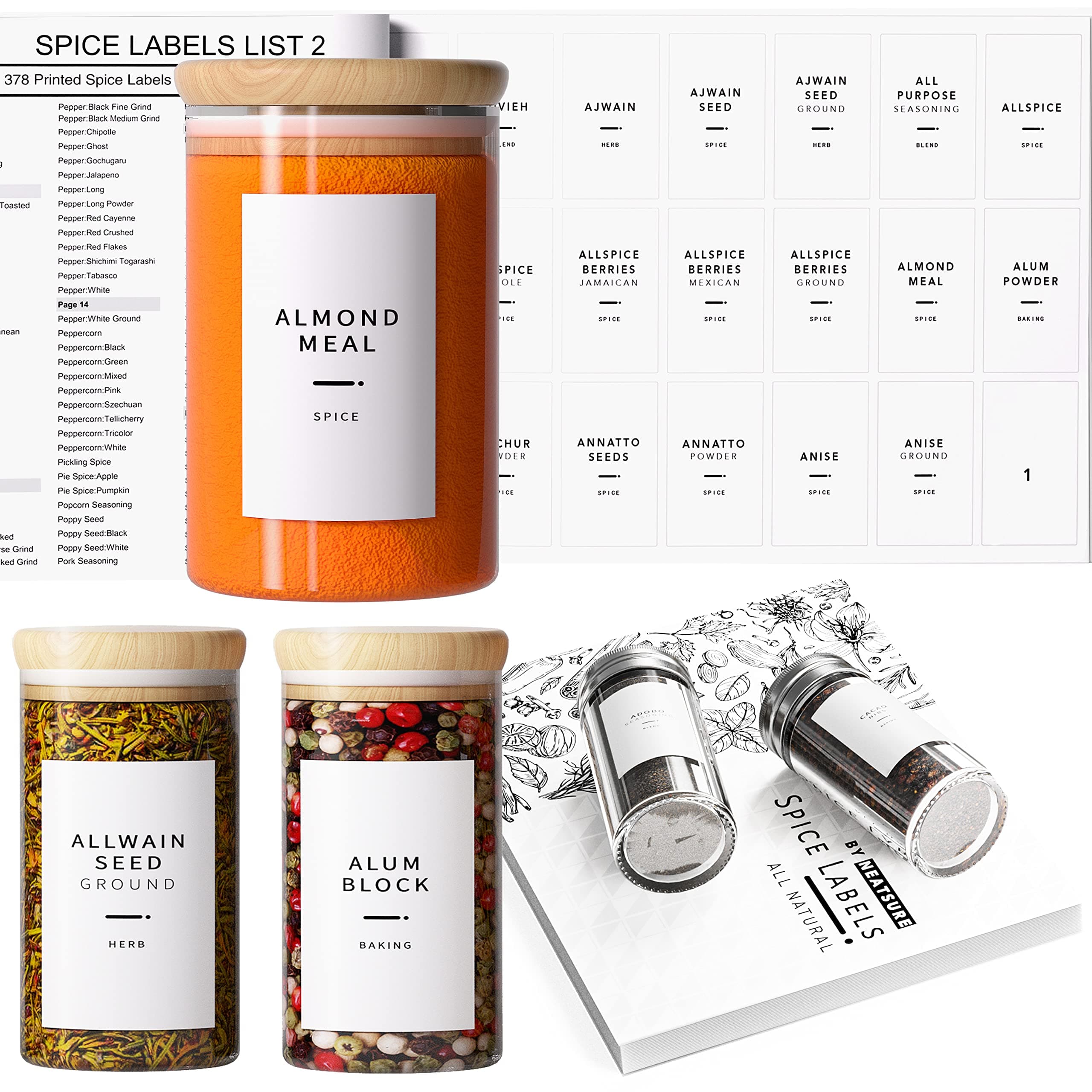 400 Minimalist Spice Labels, Preprinted Stickers Booklet, Black Text on White Waterproof Matte Backing, Herb Seasoning Spice Jars Rack Organization System